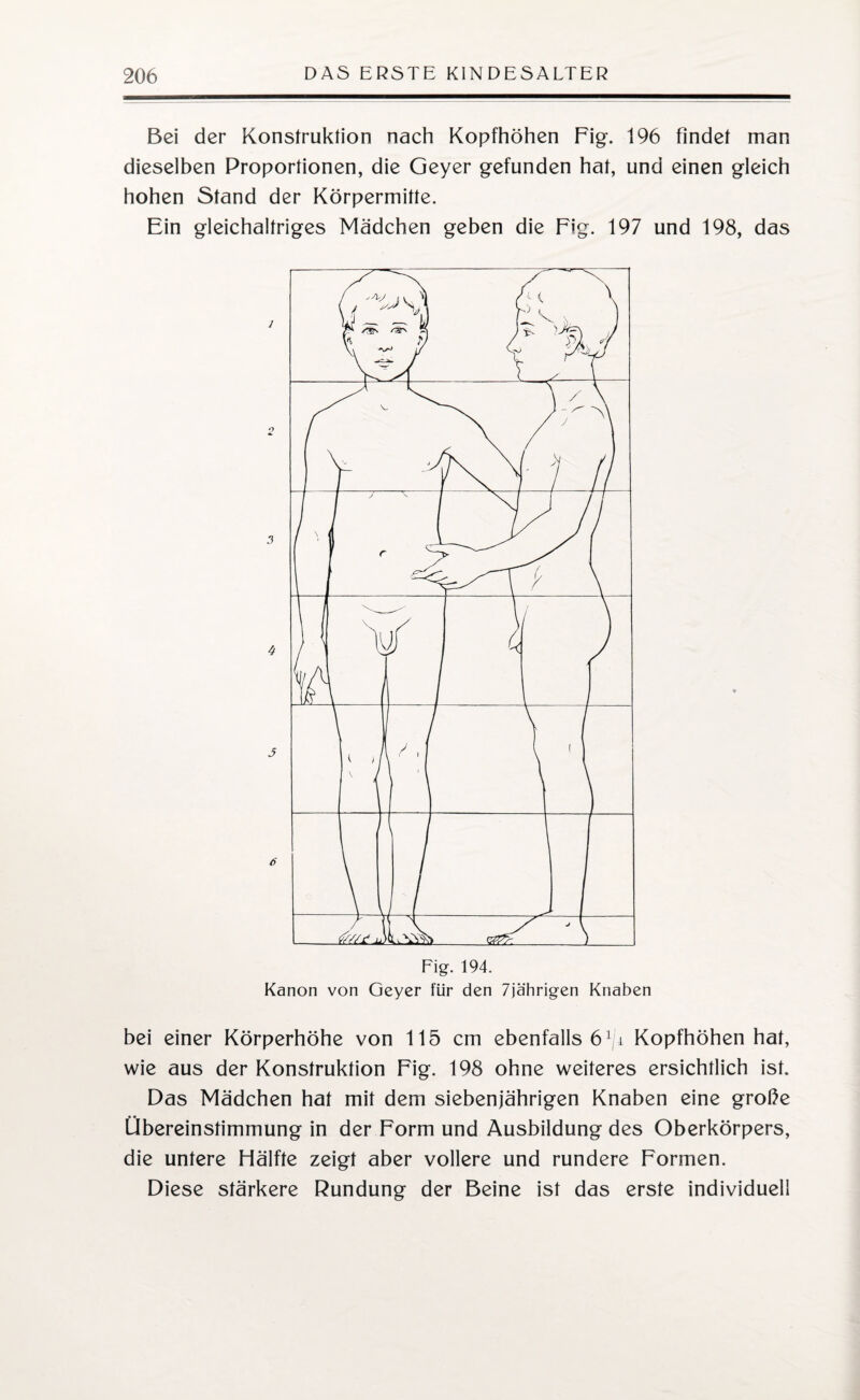 Bei der Konstruktion nach Kopfhöhen Fig. 196 findet man dieselben Proportionen, die Geyer gefunden hat, und einen gleich hohen Stand der Körpermitte. Ein gleichaltriges Mädchen geben die Fig. 197 und 198, das Fig. 194. Kanon von Geyer für den 7jährigen Knaben bei einer Körperhöhe von 115 cm ebenfalls 6 Fi Kopfhöhen hat, wie aus der Konstruktion Fig. 198 ohne weiteres ersichtlich ist. Das Mädchen hat mit dem siebenjährigen Knaben eine große Übereinstimmung in der Form und Ausbildung des Oberkörpers, die untere Hälfte zeigt aber vollere und rundere Formen. Diese stärkere Rundung der Beine ist das erste individuell