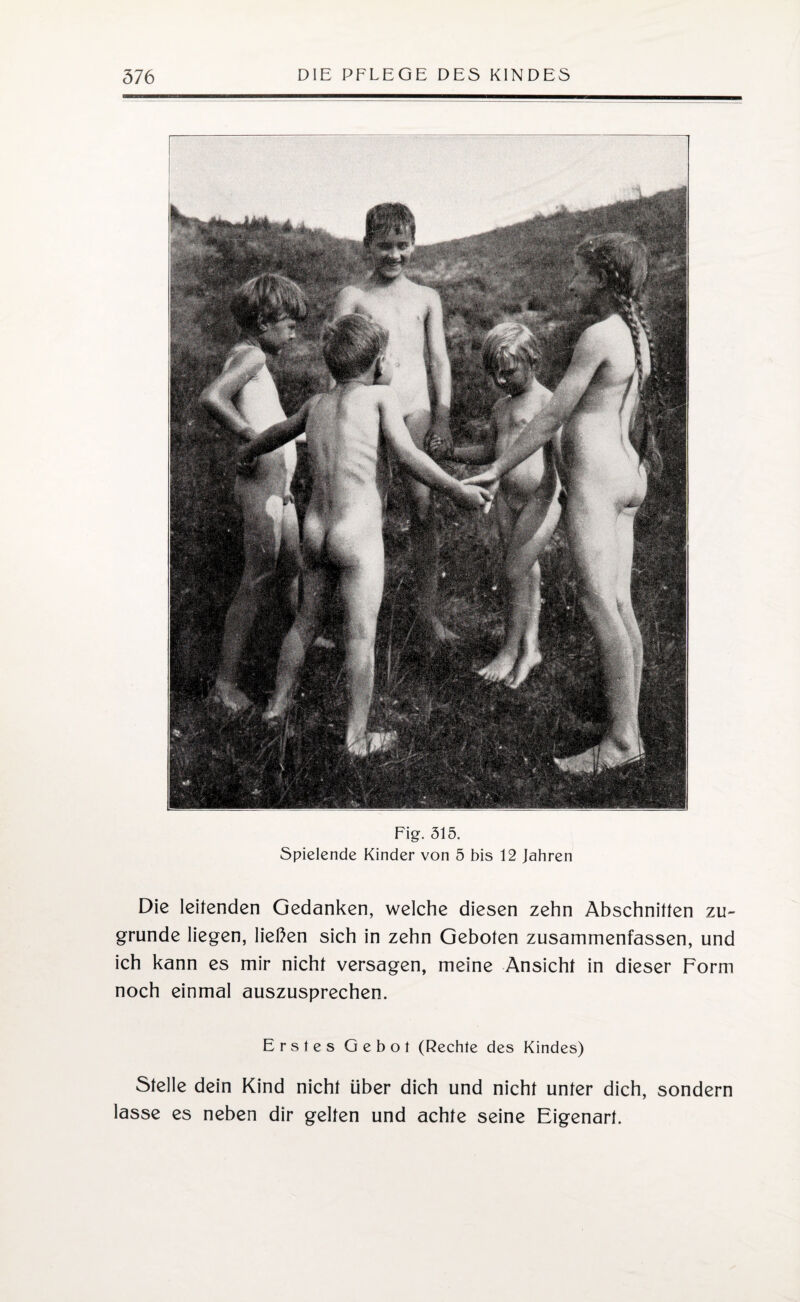 Fig. 515. Spielende Kinder von 5 bis 12 Jahren Die leitenden Gedanken, welche diesen zehn Abschnitten zu¬ grunde liegen, ließen sich in zehn Geboten zusammenfassen, und ich kann es mir nicht versagen, meine Ansicht in dieser Form noch einmal auszusprechen. Erstes Gebot (Rechte des Kindes) Stelle dein Kind nicht über dich und nicht unter dich, sondern lasse es neben dir gelten und achte seine Eigenart.