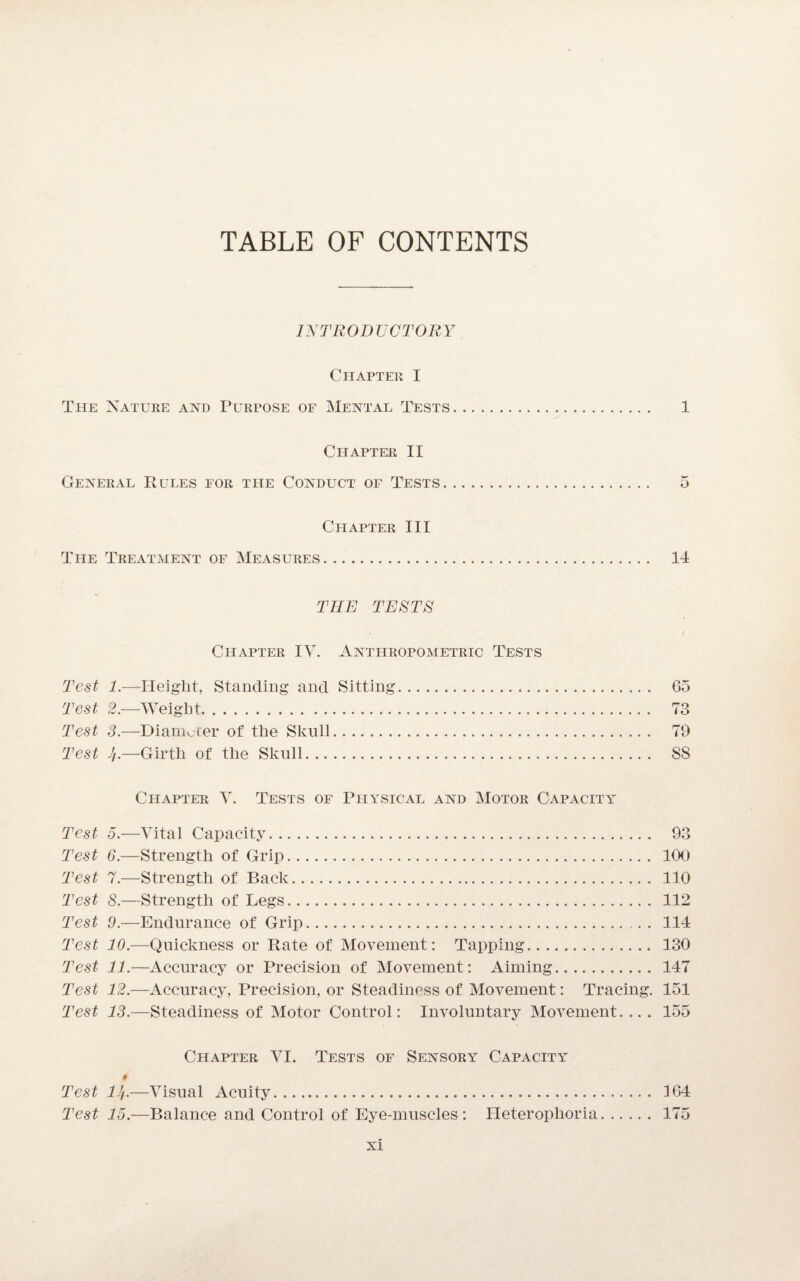 TABLE OF CONTENTS INTRODUCTORY Chapter I The Nature and Purpose of Mental Tests. 1 Chapter II General Rules for the Conduct of Tests. 5 Chapter III The Treatment of Measures. 14 THE TESTS Chapter IV. Anthropometric Tests Test 1.—-Height, Standing and Sitting. 65 Test 2.—Weight. 73 Test 3.—-Diameter of the Skull. 79 Test 4.—Girth of the Skull. S8 Chapter V. Tests of Physical and Motor Capacity Test 5.—Vital Capacity. 93 Test 6.—Strength of Grip. 100 Test 7.—Strength of Back. 110 Test 8.—Strength of Legs. 112 Test 9.—Endurance of Grip. . . 114 Test 10.—Quickness or Rate of Movement: Tapping. 130 Test 11.—Accuracy or Precision of Movement: Aiming. 147 Test 12.—Accuracy, Precision, or Steadiness of Movement: Tracing. 151 Test 13.—Steadiness of Motor Control: Involuntary Movement.... 155 Chapter VI. Tests of Sensory Capacity- Test 14.—Visual Acuity. 164 Test 15.—Balance and Control of Eye-muscles: Ileteroplioria. 175