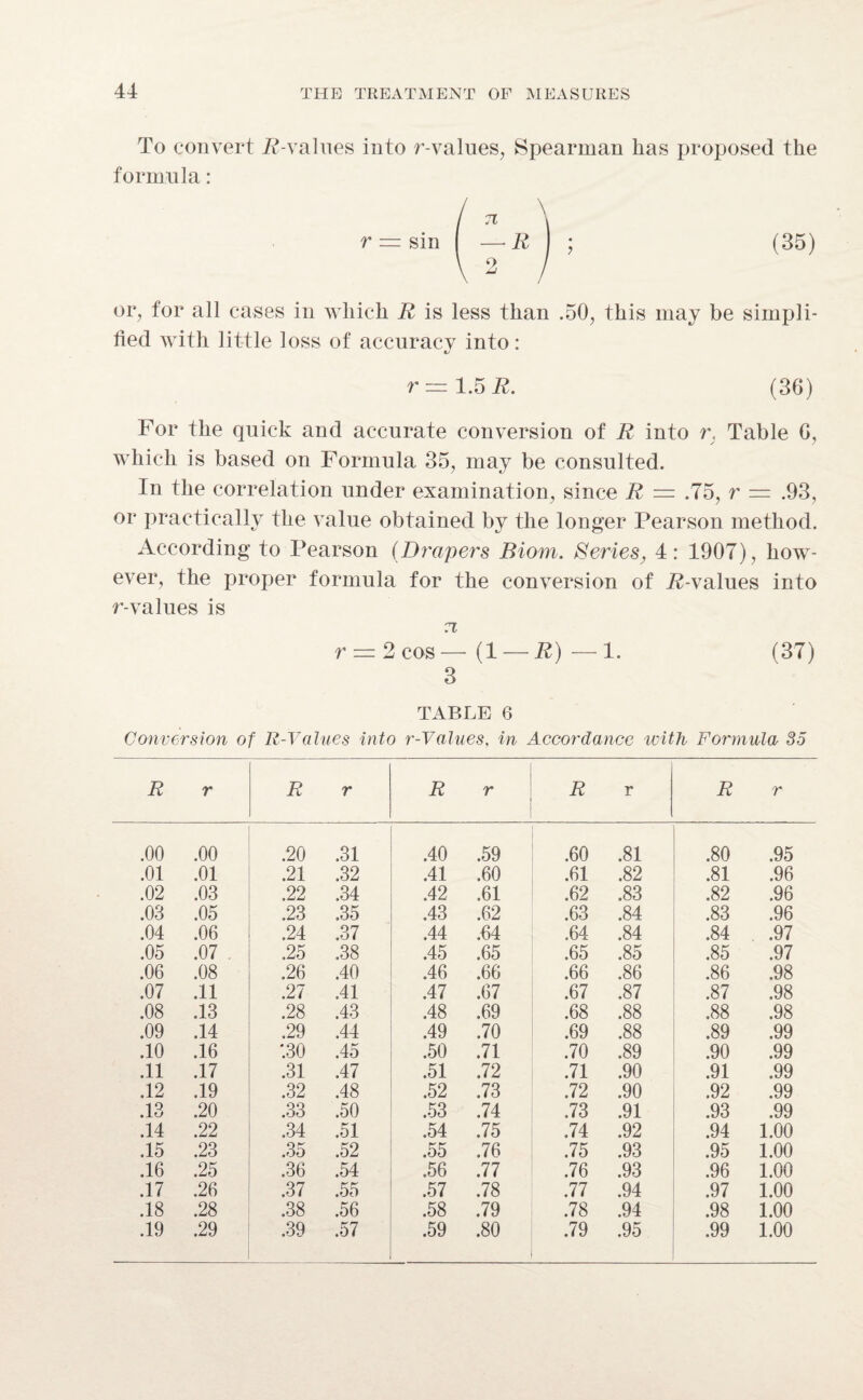 To convert .R-values into r-values, Spearman has proposed the formula : (35) or, for all cases in which R is less than .50, this may be simpli¬ fied with little loss of accuracy into: r — 1.5 R. (36) For the quick and accurate conversion of R into r, Table G, which is based on Formula 35, may be consulted. In the correlation under examination, since R = .75, r = .93, or practically the value obtained by the longer Pearson method. According to Pearson {Drapers Biom. Bevies, 4: 1907), how¬ ever, the proper formula for the conversion of R-values into r-values is 71 r — 2 cos — (1 — R) —1. (37) 3 TABLE 6 Conversion of R Values into r-Values, in Accordance with Formula So R r R r R r R r R r .00 .00 .20 .31 .40 .59 .60 .81 .80 .95 .01 .01 .21 .32 .41 .60 .61 .82 .81 .96 .02 .03 .22 .34 .42 .61 .62 .83 .82 .96 .03 .05 .23 .35 .43 .62 .63 .84 .83 .96 .04 .06 .24 .37 .44 .64 .64 .84 .84 .97 .05 .07 .25 .38 .45 .65 .65 .85 .85 .97 .06 .08 .26 .40 .46 .66 .66 .86 .86 .98 .07 .11 .27 .41 .47 .67 .67 .87 .87 .98 .08 .13 .28 .43 .48 .69 .68 .88 .88 .98 .09 .14 .29 .44 .49 .70 .69 .88 .89 .99 .10 .16 ',30 .45 .50 .71 .70 .89 .90 .99 .11 .17 .31 .47 .51 .72 .71 .90 .91 .99 .12 .19 .32 .48 .52 .73 .72 .90 .92 .99 .13 .20 .33 .50 .53 .74 .73 .91 .93 .99 .14 .22 .34 .51 .54 .75 .74 .92 .94 1.00 .15 .23 ,35 .52 .55 .76 .75 .93 .95 1.00 .16 .25 .36 .54 .56 .77 .76 .93 .96 1.00 .17 .26 ,37 .55 ,57 .78 .77 .94 .97 1.00 .18 .28 ,38 .56 .58 .79 .78 .94 .98 1.00 .19 .29 ,39 .57 .59 .80 .79 .95 .99 1.00