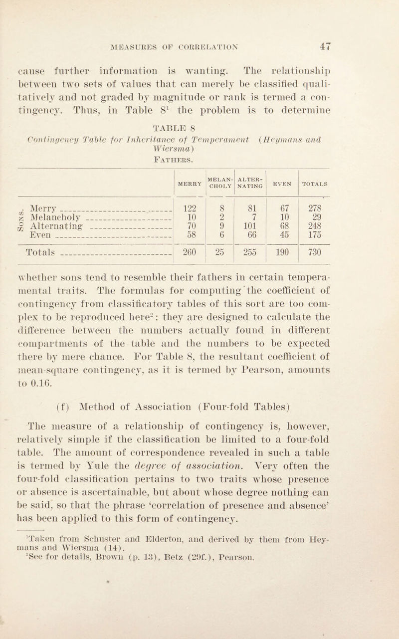 cause further information is wanting. The relationship between two sets of values that can merely be classified quali¬ tatively and not graded by magnitude or rank is termed a con- tingency. Thus, in Table 81 the problem is to determine TABLE 8 Contingency Tabic for Inheritance of Temperament (Reymans and Wiersma) Fathers. MERRY MELAN¬ CHOLY ALTER¬ NATING EVEN TOTALS • Merry ... . 122 8 81 67 278 § Melancholy 10 2 7 10 29 £ Alternating 70 9 101 68 248 Even 58 6 66 45 175 Totals 260 25 255 190 730 whether sons tend to resemble their fathers in certain tempera¬ mental traits. The formulas for computing the coefficient of contingency from classificatory tables of this sort are too com¬ plex to be reproduced here2: they are designed to calculate the difference between the numbers actually found in different compartments of the table and the numbers to be expected there by mere chance. For Table 8, the resultant coefficient of mean-square contingency, as it is termed by Pearson, amounts to 0.16. (f) Method of Association (Four fold Tables) The measure of a relationship of contingency is, however, relatively simple if the classification be limited to a four-fold table. The amount of correspondence revealed in such a table is termed by Yule the degree of association. Very often the four-fold classification pertains to two traits whose presence or absence is ascertainable, but about whose degree nothing can be said, so that the phrase ‘correlation of presence and absence’ has been applied to this form of contingency. Maken from Schuster and Elderton, and derived by them from Hey- mans and Wiersma (14). -’See for details, Brown (p. 13), Betz (29f.), Pearson.