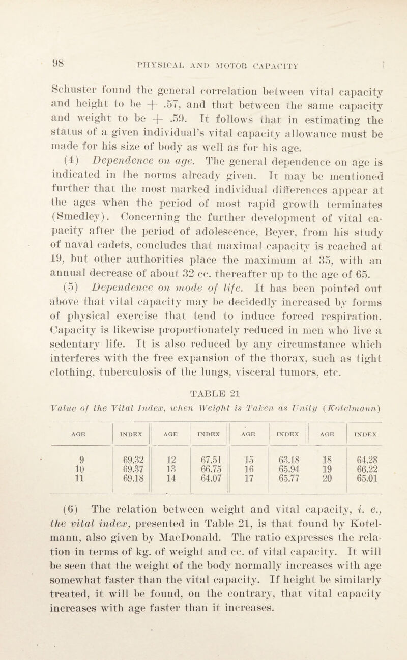 Schuster found the general correlation between vital capacity and height to be -f- .57, and that between the same capacity and weight to be dr .59. It follows that in estimating the status of a given individual’s vital capacity allowance must be made for liis size of body as well as for his age. (4) Dependence on age. The general dependence on age is indicated in the norms already given. It may be mentioned further that the most marked individual differences appear at the ages when the period of most rapid growth terminates (Smedley). Concerning the further development of vital ca¬ pacity after the period of adolescence, Beyer, from his study of naval cadets, concludes that maximal capacity is reached at 19, but other authorities place the maximum at 35, with an annual decrease of about 32 cc. thereafter up to the age of 65. (5) Dependence on mode of life. It has been pointed out above that vital capacity may be decidedly increased by forms of physical exercise that tend to induce forced respiration. Capacity is likewise proportionately reduced in men who live a sedentary life. It is also reduced by any circumstance which interferes with the free expansion of the thorax, such as tight clothing, tuberculosis of the lungs, visceral tumors, etc. TABLE 21 Value of the Vital Index, when Weight is Taken as Unity (Kotelmann) AGE INDEX AGE INDEX AGE INDEX AGE INDEX 9 69.32 12 67.51 .15 63.18 18 64.28 10 69.37 13 66.75 16 65.94 19 66.22 11 69.18 14 64.07 17 65.77 20 65.01 (6) The relation between weight and vital capacity, i. e., the vital index, presented in Table 21, is that found by Kotel¬ mann, also given by MacDonald. The ratio expresses the rela¬ tion in terms of kg. of weight and cc. of vital capacity. It will be seen that the weight of the body normally increases with age somewhat faster than the vital capacity. If height be similarly treated, it will be found, on the contrary, that vital capacity increases with age faster than it increases.