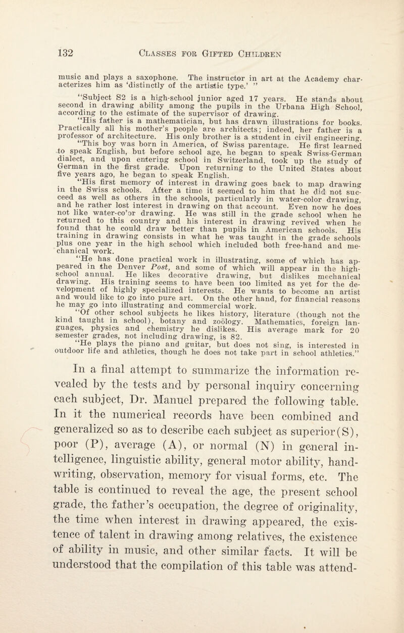music and plays a saxophone. The instructor in art at the Academy char¬ acterizes him as ‘distinctly of the artistic type.’ ” “Subject S2 is a high-school junior aged 17 years. He stands about second in drawing ability among the pupils in the Urbana High School, according to the estimate of the supervisor of drawing. ‘‘His father is a mathematician, but has drawn illustrations for books. Practically all his mother’s people are architects; indeed, her father is a professor of architecture. _ His only brother is a student in civil engineering. “This boy was born in America, of Swiss parentage. He first learned to speak English, but before school age, he began to speak Swiss-German dialect, and upon entering school in Switzerland, took up the study of German in the first grade. Upon returning to the United States about five years ago, he began to speak English. “His first memory of interest in drawing goes back to map drawing m the Swiss schools. After a time it seemed to him that he did not suc¬ ceed as well as others in the schools, particularly in water-color drawing, and he rather lost interest in drawing on that account. Even now he does not like water-co’or drawing. He was still in the grade school when he returned to this country and his interest in drawing revived when he found that he could draw better than pupils in American schools. His training in drawing consists in what he was taught in the grade schools plus one year in the high school which included both free-hand and me¬ chanical work. “He has done practical work in illustrating, some of which has ap¬ peared in the Denver Post, and some of which will appear in the high- school annual. He likes decorative drawing, but dislikes mechanical drawing. His training seems to have been too limited as yet for the de¬ velopment of highly specialized interests. He wants to become an artist and would like to go into pure art. On the other hand, for financial reasons he may go into illustrating and commercial work. “Of other school subjects he likes history, literature (though not the kind taught in school), botany and zoology. Mathematics, foreign lan¬ guages, physics and chemistry he dislikes. His average mark for 20 semester grades, not including drawing, is 82. “He plays the piano and guitar, but does not sing, is interested in outdoor life and athletics, though he does not take part in school athletics.” In a final attempt to summarize the information re¬ vealed by the tests and by personal inquiry concerning each subject, Dr. Manuel prepared the following table. In it the numerical records have been combined and generalized so as to describe each subject as superior(S), poor (P), average (A), or normal (N) in general in¬ telligence, linguistic ability, general motor ability, hand¬ writing, observation, memory for visual forms, etc. The table is continued to reveal the age, the present school grade, the father’s occupation, the degree of originality, the time when interest in drawing appeared, the exis¬ tence of talent in drawing among relatives, the existence of ability in music, and other similar facts. It will be understood that the compilation of this table was attend-
