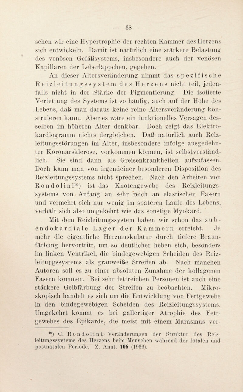 sehen wir eine Hypertrophie der rechten Kammer des Herzens sich entwickeln. Damit ist natürlich eine stärkere Belastung des venösen Gefäßsystems, insbesondere auch der venösen Kapillaren der Leberläppchen, gegeben. An dieser Altersveränderung nimmt das spezifische Reizleitungssystem des Herzens nicht teil, jeden¬ falls nicht in der Stärke der Pigmentierung. Die isolierte Verfettung des Systems ist so häufig, auch auf der Höhe des Lebens, daß man daraus keine reine Altersveränderung kon¬ struieren kann. Aber es wäre ein funktionelles Versagen des¬ selben im höheren Alter denkbar. Doch zeigt das Elektro¬ kardiogramm nichts dergleichen. Daß natürlich auch Reiz¬ leitungsstörungen im Alter, insbesondere infolge ausgedehn¬ ter Koronarsklerose, Vorkommen können, ist selbstverständ¬ lich. Sie sind dann als Greisenkrankheiten aufzufassen. Doch kann man von irgendeiner besonderen Disposition des Reizleitungssystems nicht sprechen. Nach den Arbeiten von R o n d o 1 i n i10) ist das Knotengewebe des Reizleitungs¬ systems von Anfang an sehr reich an elastischen Fasern und vermehrt sich nur wenig im späteren Laufe des Lebens, verhält sich also umgekehrt wie das sonstige Myokard. Mit dem Reizleitungssystem haben wir schon das sub¬ endokardiale Lager der Kammern erreicht. Je mehr die eigentliche Herzmuskulatur durch tiefere Braun¬ färbung hervortritt, um so deutlicher heben sich, besonders im linken Ventrikel, die bindegewebigen Scheiden des Reiz¬ leitungssystems als grauweiße Streifen ab. Nach manchen Autoren soll es zu einer absoluten Zunahme der kollagenen Fasern kommen. Bei sehr fettreichen Personen ist auch eine stärkere Gelbfärbung der Streifen zu beobachten. Mikro¬ skopisch handelt es sich um die Entwicklung von Fettgewebe in den bindegewebigen Scheiden des Reizleitungssystems. Umgekehrt kommt es bei gallertiger Atrophie des Fett¬ gewebes des Epikards, die meist mit einem Marasmus ver- 10) G. R o n d o 1 i n i,- Veränderungen der Struktur des Reiz¬ leitungssystems des Herzens beim Menschen während der fötalen und postnatalen Periode. Z. Anat. 106 (1936).