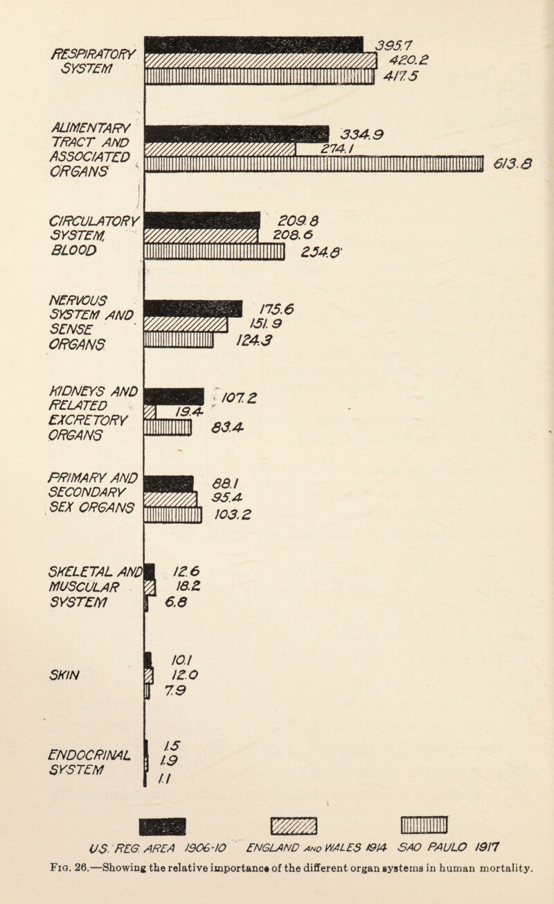 V77777%, ] US REG AREA !906-10 ENGLAND ano WALES *914- SAO PAULO 19/7 Fig. 26.—Showing the relative importance of the different organ systems in human mortality.