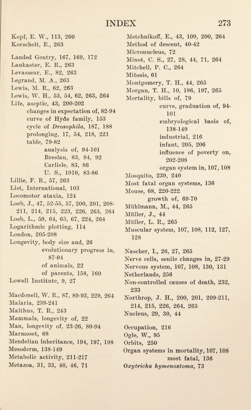 Kopf, E. W., 113, 260 Korschelt, E., 263 Landed Gentry, 167, 169, 172 Lankaster, E. R., 263 Levasseur, E., 82, 263 Legrand, M. A., 263 Lewis, M. R., 62, 263 Lewis, W. H., 53, 54, 62, 263, 264 Life, aseptic, 43, 200-202 changes in expectation of, 82-94 curve of Hyde family, 153 cycle of Drosophila, 187, 188 prolonging, 17, 54, 218, 221 table, 79-82 analysis of, 94-101 Breslau, 83, 84, 92 Carlisle, 83, 86 U. S., 1910, 83-86 Lillie, F. R., 57, 263 List, International, 103 Locomotor ataxia, 124 Loeb, J., 47, 52-55, 57, 200, 201, 208- 211, 214, 215, 223, 226, 263, 264 Loeb, L., 5.9, 64, 65, 67, 224, 264 Logarithmic plotting, 114 London, 205-208 Longevity, body size and, 26 evolutionary progress in, 87-94 of animals, 22 of parents, 158, 160 Lowell Institute, 9, 27 Macdonell, W. R., 87, 89-93, 229, 264 Malaria, 238-241 Malthus, T. R., 243 Mammals, longevity of, 22 Man, longevity of, 23-26, 80-94 Marmoset, 68 Mendelian inheritance, 194, 197, 198 Mesoderm, 138-149 Metabolic activity, 211-217 Metazoa, 31, 33, 40, 46, 71 Metchnikoff, E., 43, 109, 200, 264 Method of descent, 40-42 Micronucleus, 72 Minot, C. S., 27, 28, 44, 71, 264 Mitchell, P. C., 264 Mitosis, 61 Montgomery, T. H., 44, 265 Morgan, T. H., 10, 186, 197, 265 Mortality, bills of, 79 curve, graduation of, 94- 101 embryological basis of, 138-149 industrial, 216 infant, 205, 206 influence of poverty on, 202-208 organ system in, 107, 108 Mosquito, 239, 240 Most fatal organ systems, 136 Mouse, 68, 220-222 growth of, 69-70 Miihlmann, M., 44, 265 Muller, J., 44 Muller, L. R., 265 Muscular system, 107, 108, 112, 127, 128 Nascher, I., 26, 27, 265 Nerve cells, senile changes in, 27-29 Nervous system, 107, 108, 130, 131 Netherlands, 256 Non-controlled causes of death, 232, 233 Northrop, J. H., 200, 201, 209-211, 214, 215, 226, 264, 265 Nucleus, 29, 30, 44 Occupation, 216 Ogle, W., 95 Orbits, 250 Organ systems in mortality, 107, 108 most fatal, 136 Oxytricha hymenostoma, 73