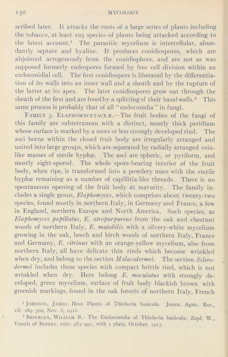 scribed later. It attacks the roots of a large series of plants including the tobacco, at least 105 species of plants being attacked according to the latest account.1 The parasitic mycelium is intercellular, abun- dantly septate and hyaline. It produces conidiospores, which are abjointecl acrogenously from the conidiophore, and are not as was supposed formerly endospores formed by free cell division within an endoconidial cell. The first conidiospore is liberated by the differentia- tion of its walls into an inner wall and a sheath and by the rupture of the latter at its apex. The later conidiospores grow out through the sheath of the first and are freed by a splitting of their basal walls.2 This same process is probably that of all “endoconidia” in fungi. Family 3. Elaphomycetace^e.—The fruit bodies of the fungi of this family are subterranean with a distinct, mostly thick peridium whose surface is marked by a more or less strongly developed rind. The asci borne within the closed fruit body are irregularly arranged and united into large groups, which are separated by radially arranged vein- like masses of sterile hyphas. The asci are spheric, or pyriform, and mostly eight-spored. The whole spore-bearing interior of the fruit body, when ripe, is transformed into a powdery mass with the sterile hyphae remaining as a number of capillitia-like threads. There is no spontaneous opening of the fruit body at maturity. The family in- cludes a single genus, Elaphomyces, which comprises about twenty-two species, found mostly in northern Italy, in Germany and France, a few in England, northern Europe and North America. Such species, as Elaphomyces papillatus, E. atropurpureus from the oak and chestnut woods of northern Italy, E. mutahilis with a silvery-white mycelium growing in the oak, beech and birch woods of northern Italy, France and Germany, E. citrinus with an orange-yellow mycelium, also from northern Italy, all have delicate thin rinds which become wrinkled when dry, and belong to the section Malacodermci. The section Sclero- dermci includes those species with compact brittle rind, which is not wrinkled when dry. Here belong E. maculatus with strongly de- veloped, green mycelium, surface of fruit body blackish brown with greenish markings, found in the oak forests of northern Italy, French Johnson, James: Host Plants of Thielavia basicola. Journ. Agric. Res., vii: 289-300, Nov. 6, 1916. 2 Brierley, William B.: The Endoconidia of Thielavia basicola; Zopf, W., Vnnals of Botany, xxix: 483-491, with 1 plate, October, 1915.