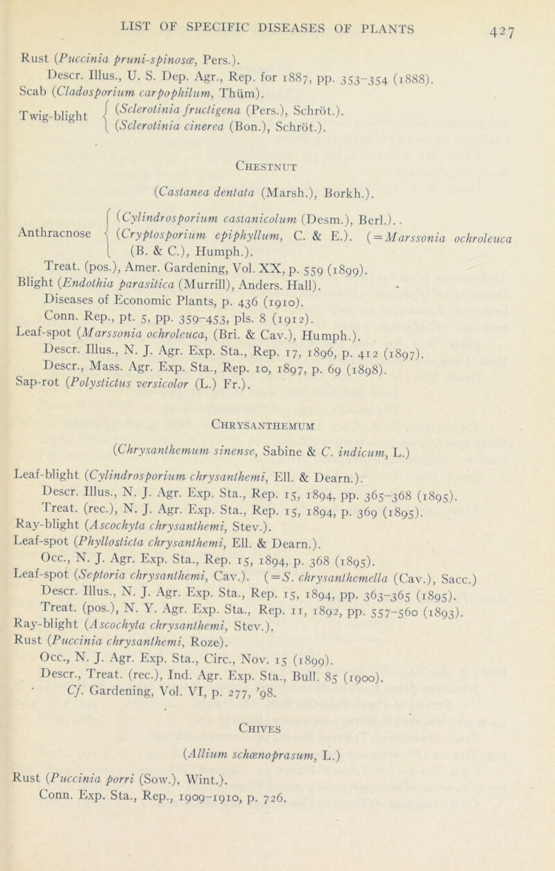 Rust (Puccinia pruni-spinosce, Pers.). Descr. Illus., U. S. Dep. Agr., Rep. for 1887, pp. 353-354 (1888). Scab (dadosporium carpophilum, Thiim). Twig-blight / (■Sclerotinia fnictigena (Pers.), Schrot.). \ (Sclerotinia cinerea (Bon.), Schrot.). Chestnut (Castanea dentala (Marsh.), Borkh.). { (Cylindrosporium casianicolum (Desm.), Berl.).. Anthracnose \ (Cryptosporium epiphyllum, C. & E.). ( — Marssonia ochroleuca [ (B. & C.), Humph.). Treat, (pos.), Amer. Gardening, Vol. XX, p. 559 (1899). Blight (Endothia parasitica (Murrill), Anders. Hall). Diseases of Economic Plants, p. 436 (1910). Conn. Rep., pt. 5, pp. 359-453, pis. 8 (1912). Leaf-spot (Marssonia ochroleuca, (Bri. & Cav.), Humph.). Descr. Illus., N. J. Agr. Exp. Sta., Rep. 17, 1896, p. 412 (1897). Descr., Mass. Agr. Exp. Sta., Rep. 10, 1897, p. 69 (1898). Sap-rot (Polystictus versicolor (L.) Fr.). Chrysanthemum (Chrysanthemum sincnse, Sabine & C. indicum, L.) Leaf-blight (Cylindrosporium chrysanthemi, Ell. & Dearn.). Descr. Illus., N. J. Agr. Exp. Sta., Rep. 15, 1894, pp. 365-368 (1895). Treat, (rec.), N. J. Agr. Exp. Sta., Rep. 15, 1894, p. 369 (1895). Ray-blight (Ascochyla chrysanthemi, Stev.). Leaf-spot (Phyllosticta chrysanthemi, Ell. & Dearn.). Occ., N. J. Agr. Exp. Sta., Rep. 15, 1894, p. 368 (1895). Leaf-spot (Scptoria chrysanthemi, Cav.). ( = S. chrysanthcmclla (Cav.), Sacc.) Descr. Illus., N. J. Agr. Exp. Sta., Rep. 15, 1894, pp. 363-365 (1895). Treat, (pos.), N. Y. Agr. Exp. Sta., Rep. 11, 1892, pp. 557-560 (1893). Ray-blight (Ascochyla chrysanthemi, Stev.). Rust (Puccinia chrysanthemi, Roze). Occ., N. J. Agr. Exp. Sta., Circ., Nov. 15 (1899). Descr., Treat, (rec.), Ind. Agr. Exp. Sta., Bull. 85 (1900). Cf. Gardening, Vol. VI, p. 277, ’98. Chives (Allium schoenoprasum, L.) Rust (Puccinia porri (Sow.), Wint.). Conn. Exp. Sta., Rep., 1909-1910, p. 726.