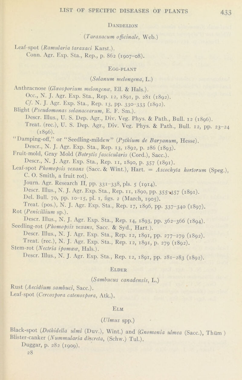 Dandelion (Taraxacum officinale, Web.) Leaf-spot (Ramularia taraxaci Karst.). Conn. Agr. Exp. Sta., Rep., p. 862 (1907-08). Egg-plant (Solatium melongena, L.) Anthracnose (Glceosporiitm melongena, Ell. & Hals.). Occ., N. J. Agr. Exp. Sta., Rep. 12, 1891, p. 281 (1892). Cf. N. J. Agr. Exp. Sta., Rep. 13, pp. 330-333 (1892). Blight (Pseudomonas solanacearum, E. F. Sm.). Descr. Illus., U. S. Dep. Agr., Div. Veg. Phys. & Path., Bull. 12 (1896). Treat, (rec.), U. S. Dep. Agr., Div. Veg. Phys. & Path., Bull. 12, pp. 23-24 (1896). Damping-off,” or “Seedling-mildew” (Pythium de Baryanum, Hesse). Descr., N. J. Agr. Exp. Sta., Rep. 13, 1892, p. 286 (1893). Fruit-mold, Gray Mold (Botrytis fascicnlaris (Cord.), Sacc.). Descr., N. J. Agr. Exp. Sta., Rep. 11, 1890, p. 357 (1891). Leal-spot Phomopsis vexans (Sacc. & Wint.), Hart. = Ascochyla liortorum (Speg.), C. O. Smith, a fruit rot). Journ. Agr. Research II, pp. 331-338, pis. 5 (1914). Descr. Illus., N. J. Agr. Exp. Sta., Rep. 11, 1890, pp. 355-5357 (1891). Del. Bull. 70, pp. 10-15, pi. 1, figs. 2 (March, 1905). Treat, (pos.), N. J. Agr. Exp. Sta., Rep. 17, 1896, pp. 337-340 (1897). Rot (Penicillium sp.). Descr. Illus., N. J. Agr. Exp. Sta., Rep. 14, 1893, pp. 362-366 (1894). Seedling-rot (Phomopsis vexans, Sacc. & Syd., Hart.). Descr. Illus., N. J. Agr. Exp. Sta., Rep. 12, 1891, pp. 277-279 (1892). 1 reat. (rec.), N. J. Agr. Exp. Sta., Rep. 12, 1891, p. 279 (1892). Stem-rot (Nectria ipomcea, Llals.). Descr. Illus., N. J. Agr. Exp. Sta., Rep. 12, 1891, pp. 281-283 (1892). Elder (Samhucus canadensis, L.) Rust (Aecidium sambuci, Sacc.). Leaf-spot (Cercospora catenospora, Atk.). Elm (Ulinns spp.) Black-spot (Dolhidella tdmi (Duv.), Wint.) and (Gnomonia ulmea (Sacc.), Tliiim ) Blister-canker (Nummularia dvsereta, (Sclnv.) Tub). Duggar, p. 282 (1909). 28