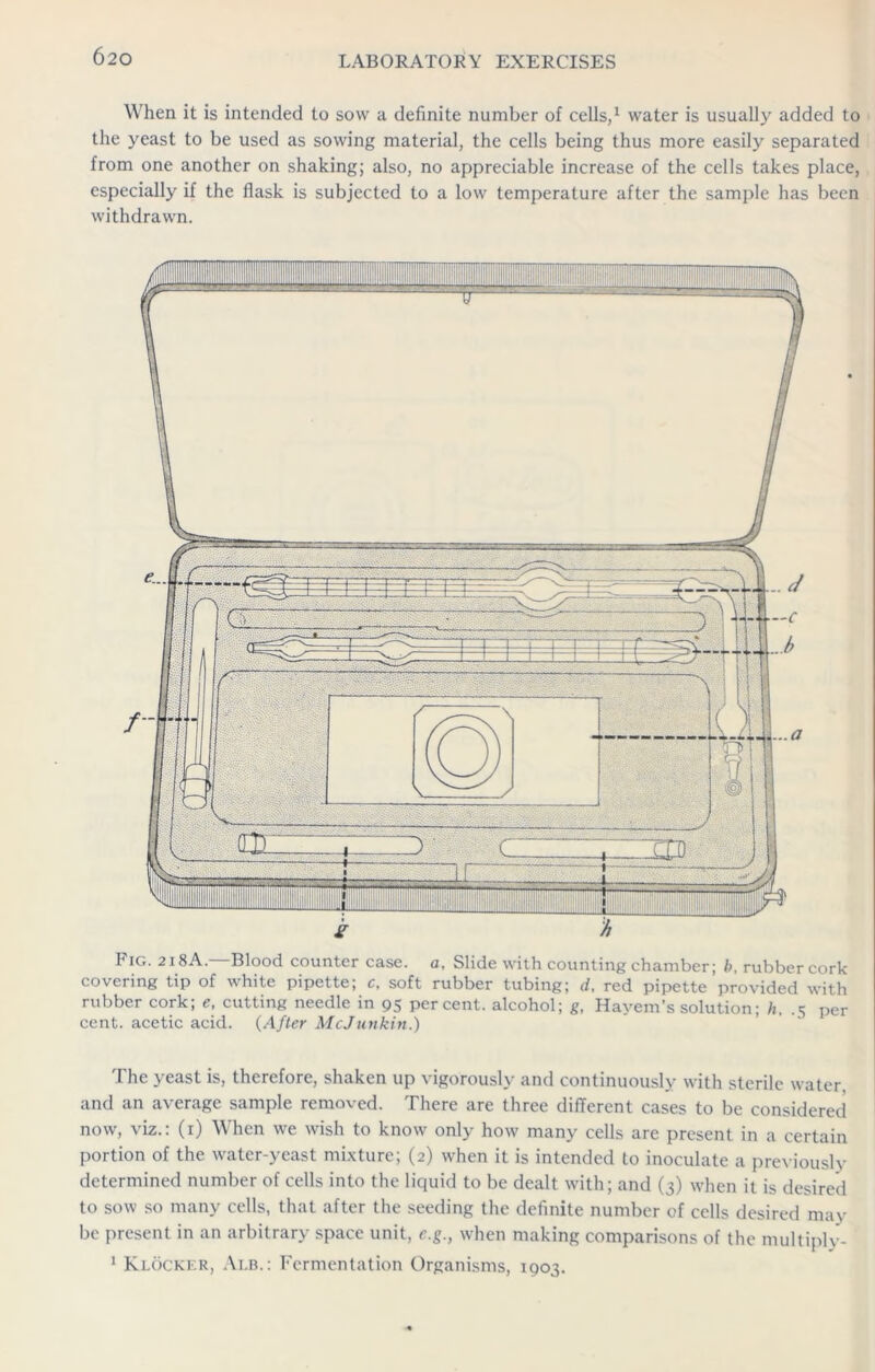 When it is intended to sow a definite number of cells,1 water is usually added to the yeast to be used as sowing material, the cells being thus more easily separated from one another on shaking; also, no appreciable increase of the cells takes place, especially if the flask is subjected to a low temperature after the sample has been withdrawn. Fig. 218A.—Blood counter case, a, Slide with counting chamber; b, rubber cork covering tip of white pipette; c, soft rubber tubing; d, red pipette provided with rubber cork; e, cutting needle in 95 percent, alcohol; g, Hayem’s solution; h, .5 per cent, acetic acid. (After McJunkin.) The yeast is, therefore, shaken up vigorously and continuously with sterile water, and an average sample removed. There are three different cases to be considered now, viz.: (x) When we wish to know only how many cells are present in a certain portion of the water-yeast mixture; (2) when it is intended to inoculate a previously determined number of cells into the liquid to be dealt with; and (3) when it is desired to sow so many cells, that after the seeding the definite number of cells desired may be present in an arbitrary space unit, e.g., when making comparisons of the multiply- 1 Klocker, Alb.: Fermentation Organisms, 1903.