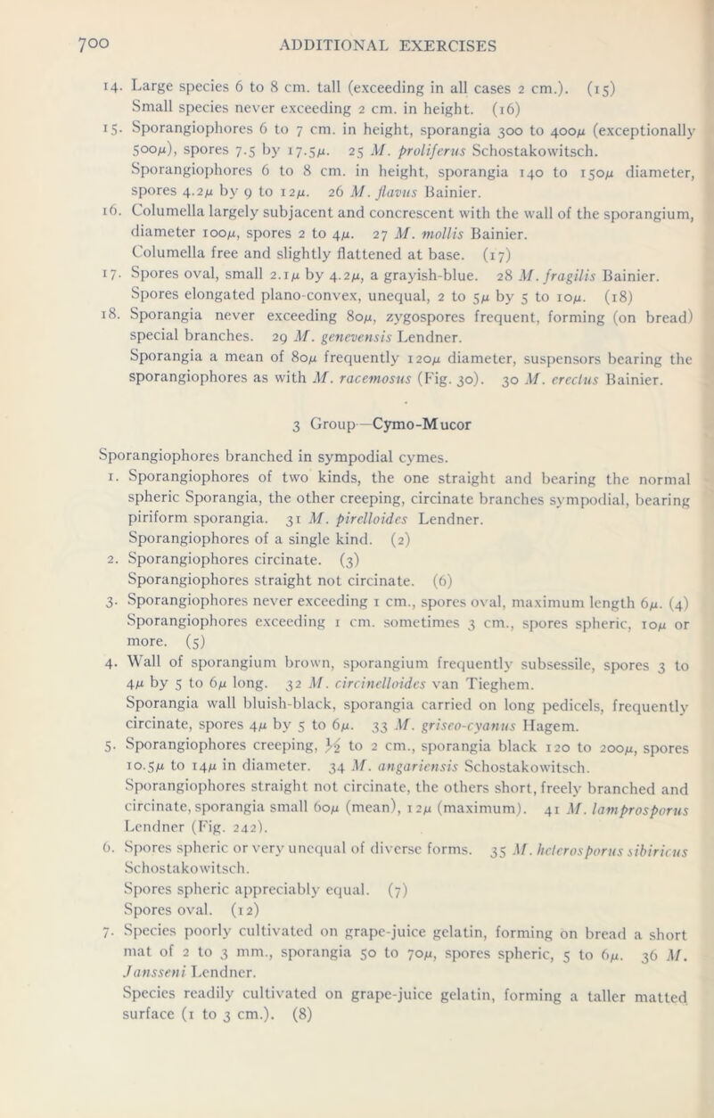 T4- Large species 6 to 8 cm. tall (exceeding in all cases 2 cm.). (15) Small species never exceeding 2 cm. in height. (16) 15. Sporangiophores 6 to 7 cm. in height, sporangia 300 to 400/4 (exceptionally 5°°m), spores 7.5 by 17.5/4. 25 M. proliferus Schostakowitsch. Sporangiophores 6 to 8 cm. in height, sporangia 140 to 150/4 diameter, spores 4.2fj by 9 to 12/4. 26 M. Jlavus Bainier. 16. Columella largely subjacent and concrescent with the wall of the sporangium, diameter 100/4, spores 2 to 4/4. 27 M. mollis Bainier. Columella free and slightly flattened at base. (17) 17. Spores oval, small 2.1/i by 4.2/4, a grayish-blue. 28 M.fragilis Bainier. Spores elongated plano-convex, unequal, 2 to 5/4 by 5 to 10^1. (18) 18. Sporangia never exceeding 80/4, zygospores frequent, forming (on bread) special branches. 29 M. genevensis Lendner. Sporangia a mean of 80/4 frequently 120/1 diameter, suspensors bearing the sporangiophores as with M. racemosus (Fig. 30). 30 M. ereclus Bainier. 3 Group—Cymo-Mucor Sporangiophores branched in sympodial cymes. 1. Sporangiophores of two kinds, the one straight and bearing the normal spheric Sporangia, the other creeping, circinate branches sympodial, bearing piriform sporangia. 31 M. pirelloides Lendner. Sporangiophores of a single kind. (2) 2. Sporangiophores circinate. (3) Sporangiophores straight not circinate. (6) 3. Sporangiophores never exceeding 1 cm., spores oval, maximum length 6/1. (4) Sporangiophores exceeding r cm. sometimes 3 cm., spores spheric, 10/4 or more. (5) 4. Wall of sporangium brown, sporangium frequently subsessile, spores 3 to 4M by 5 t° 6/x long. 32 M. circinelloides van Tieghem. Sporangia wall bluish-black, sporangia carried on long pedicels, frequently circinate, spores 4/1 by 5 to 6/4. 33 M. griseo-cyanus Hagem. 5. Sporangiophores creeping, y2 to 2 cm., sporangia black 120 to 200/4, spores 10.5/4 to 14/4 in diameter. 34 M. angariensis Schostakowitsch. Sporangiophores straight not circinate, the others short, freely branched and circinate, sporangia small 60/4 (mean), 12/4 (maximum). 41 M. lamprosporus Lendner (Fig. 242). 0. Spores spheric or very unequal of diverse forms. 35 M. hclerosporus sibiricus Schostakowitsch. Spores spheric appreciably equal. (7) Spores oval. (12) 7. Species poorly cultivated on grape-juice gelatin, forming on bread a short mat of 2 to 3 mm., sporangia 50 to 70/4, spores spheric, 5 to 6/4. 36 M. Jansseni Lendner. Species readily cultivated on grape-juice gelatin, forming a taller matted surface (1 to 3 cm.). (8)