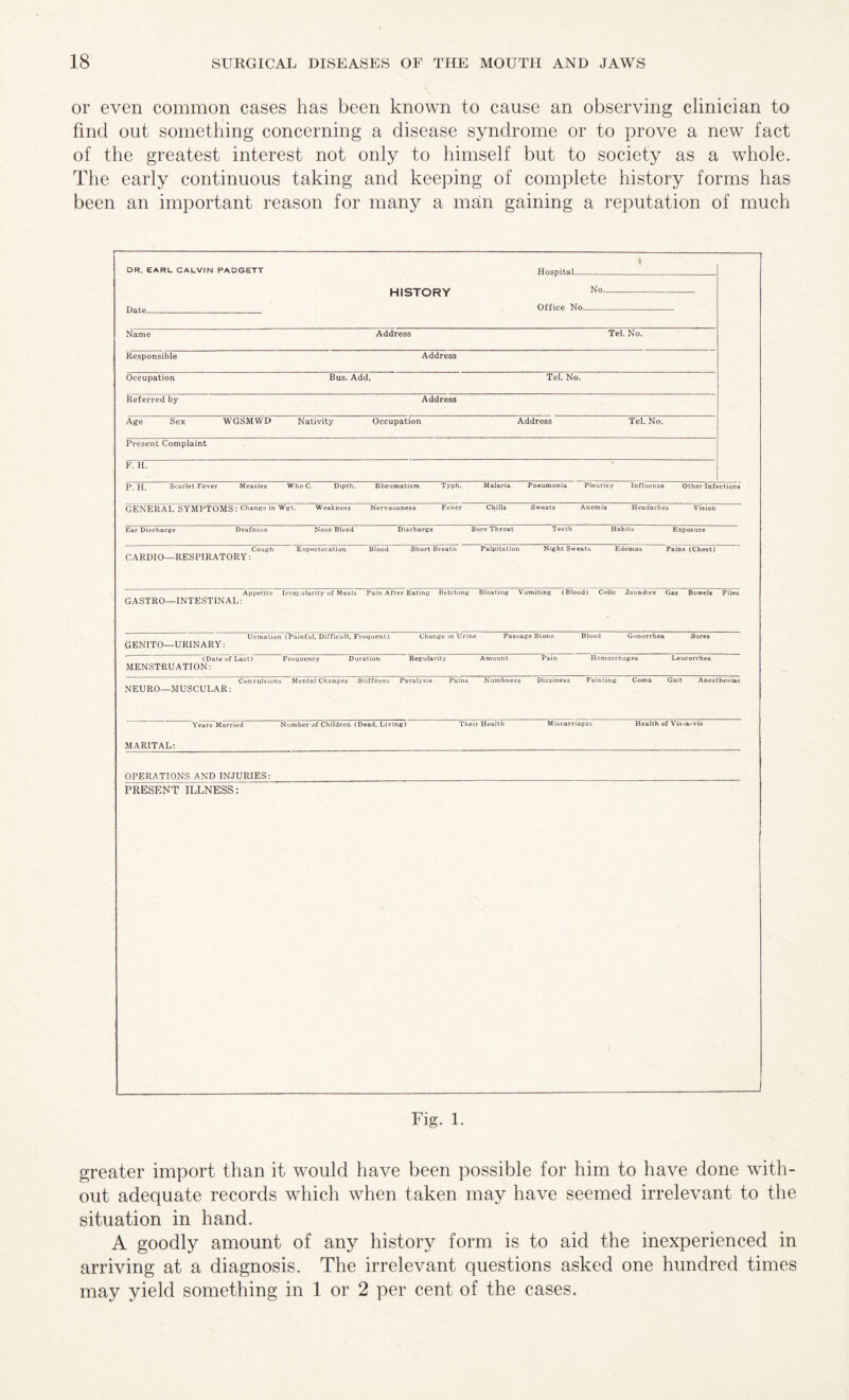 or even common cases has been known to cause an observing clinician to find out something concerning a disease syndrome or to prove a new fact of the greatest interest not only to himself but to society as a whole. The early continuous taking and keeping of complete history forms has been an important reason for many a man gaining a reputation of much Fig. 1. greater import than it would have been possible for him to have done with¬ out adequate records which when taken may have seemed irrelevant to the situation in hand. A goodly amount of any history form is to aid the inexperienced in arriving at a diagnosis. The irrelevant questions asked one hundred times may yield something in 1 or 2 per cent of the cases.