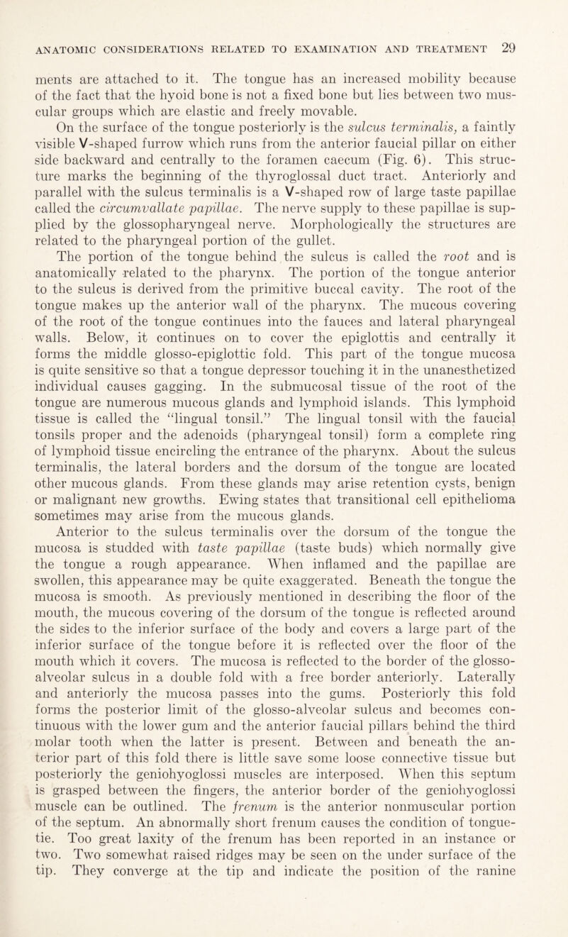 rnents are attached to it. The tongue has an increased mobility because of the fact that the hyoid bone is not a fixed bone but lies between two mus¬ cular groups which are elastic and freely movable. On the surface of the tongue posteriorly is the sulcus terminalis, a faintly visible V-shaped furrow which runs from the anterior faucial pillar on either side backward and centrally to the foramen caecum (Fig. 6). This struc¬ ture marks the beginning of the thyroglossal duct tract. Anteriorly and parallel with the sulcus terminalis is a V-shaped row of large taste papillae called the circumvallate papillae. The nerve supply to these papillae is sup¬ plied by the glossopharyngeal nerve. Morphologically the structures are related to the pharyngeal portion of the gullet. The portion of the tongue behind the sulcus is called the root and is anatomically related to the pharynx. The portion of the tongue anterior to the sulcus is derived from the primitive buccal cavity. The root of the tongue makes up the anterior wall of the pharynx. The mucous covering of the root of the tongue continues into the fauces and lateral pharyngeal walls. Below, it continues on to cover the epiglottis and centrally it forms the middle glosso-epiglottic fold. This part of the tongue mucosa is quite sensitive so that a tongue depressor touching it in the unanesthetized individual causes gagging. In the submucosal tissue of the root of the tongue are numerous mucous glands and lymphoid islands. This lymphoid tissue is called the “lingual tonsil.” The lingual tonsil with the faucial tonsils proper and the adenoids (pharyngeal tonsil) form a complete ring of lymphoid tissue encircling the entrance of the pharynx. About the sulcus terminalis, the lateral borders and the dorsum of the tongue are located other mucous glands. From these glands may arise retention cysts, benign or malignant new growths. Ewing states that transitional cell epithelioma sometimes may arise from the mucous glands. Anterior to the sulcus terminalis over the dorsum of the tongue the mucosa is studded with taste papillae (taste buds) which normally give the tongue a rough appearance. When inflamed and the papillae are swollen, this appearance may be quite exaggerated. Beneath the tongue the mucosa is smooth. As previously mentioned in describing the floor of the mouth, the mucous covering of the dorsum of the tongue is reflected around the sides to the inferior surface of the body and covers a large part of the inferior surface of the tongue before it is reflected over the floor of the mouth which it covers. The mucosa is reflected to the border of the glosso- alveolar sulcus in a double fold with a free border anteriorly. Laterally and anteriorly the mucosa passes into the gums. Posteriorly this fold forms the posterior limit of the glosso-alveolar sulcus and becomes con¬ tinuous with the lower gum and the anterior faucial pillars behind the third molar tooth when the latter is present. Between and beneath the an¬ terior part of this fold there is little save some loose connective tissue but posteriorly the geniohyoglossi muscles are interposed. When this septum is grasped between the fingers, the anterior border of the geniohyoglossi muscle can be outlined. The frenum is the anterior nonmuscular portion of the septum. An abnormally short frenum causes the condition of tongue- tie. Too great laxity of the frenum has been reported in an instance or two. Two somewhat raised ridges may be seen on the under surface of the tip. They converge at the tip and indicate the position of the ranine