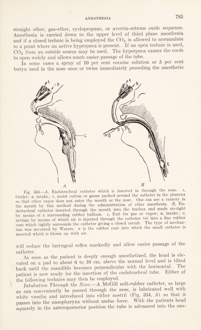 straight ether, gas-ether, cyclopropane, or avertin-nitrous oxide sequence. Anesthesia is carried down to the upper level of third plane anesthesia and if a closed technic is being employed the CO2 is allowed to accumulate to a point where an active hyperpnea is present. If an open technic is used, COo from an outside source may be used. The hyperpnea causes the cords to open widely and allows much easier passage of the tube. In some cases a spray of 10 per cent cocaine solution or 5 per cent butyn used in the nose once or twice immediately preceding the anesthetic B A Fig. 334.—A, Endotracheal catheter which is inserted in through the nose, a, Outlet; b, intake; c, moist cotton or gauze packed around the catheter in the pharynx so that ether vapor does not enter the mouth or the nose. One can use a cautery m the mouth by this method during the administration of ether anesthesia. B, En¬ dotracheal catheter inserted through the mouth into the trachea and made air-tig t by means of a surrounding rubber balloon, a, Exit for gas or vapor; b, intake, c, syringe by means of which air is injected through the catheter (d) into a fine rubber coat which tightly surrounds the catheter giving a closed circuit. The type of mechan¬ ism was invented by Waters, e is the rubber coat into which the small catheter is inserted which is blown up with air. will reduce the laryngeal reflex markedly and allow easier passage of the catheter. 4s soon as the patient is deeply enough anesthetized, the head is ele¬ vated on a pad to about 6 to 10 cm. above the normal level and is tilted back until the mandible becomes perpendicular with the horizontal. The patient is now ready for the insertion of the endotracheal tube. Either of the following technics may then be employed. Intubation Through the Nose.—A McGill soft-rubber catheter, as large as can conveniently be passed through the nose, is lubricated well with white vaselin and introduced into either nostril (Fig. 334, A) so that it passes into the nasopharynx without undue force. With the patients head squarely in the anteroposterior position the tube is advanced into the oro-