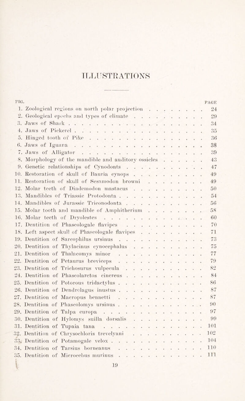 ILLUSTRATIONS FIG 1. 9 o o. 0. 6. rr /. 8. 9. 10. 11. 12. 13. 14. 15. 16. 17. 18. 19. 20. 21. 22. 23. 24. 25. 26. 27. 28. 29. 30. 91 o JL* 90 OLi. O O o o. 34. or: Ot), Zoological regions on north polar projection Geological epochs and types of climate . . . . Jaws of Shark.. Jaws of Pickerel. Hinged tooth of Pike. Jaws of Iguana . .. . . . . Jaws of Alligator. Morphology of the mandible and auditory ossicles Genetic relationships of Cynodonts . . . . Restoration of skull of Bauria cynops .... Restoration of skull of Sesamodon browni Molar teeth of Diademodon mastacus .... Mandibles of Triassic Protodonta .. Mandibles of Jurassic Triconodonta. Molar tooth and mandible of Amphitherium Molar teeth of Dryolestes. Dentition of Phascologale tlavipes. Left aspect skull of Phascologale tlavipes . . Dentition of Sarcophilus ursinus. Dentition of Thylacinus cynocephalus .... Dentition of Thalacomys minor. Dentition of Petaurus breviceps. Dentition of Trichosurus vulpecula. Dentition of Phascolarctos cinereus. Dentition of Potorous tridactylus. Dentition of Dendrolagus inustus. Dentition of Macropus bennetti. Dentition of Phascolomys ursinus. Dentition of Talpa europa. Dentition of Hylomys suilla dorsalis .... Dentition of Tupaia tana. Dentition of Chrysochloris trevelyani .... Dentition of Potamogale velox. Dentition of Tarsius borneanus. Dentition of Microcebus murinus. PAGE 24 29 34 35 36 38 39 43 47 49 49 50 54 56 58 60 70 71 73 75 77 79 82 84 86 87 87 90 97 99 101 102 104 110 111