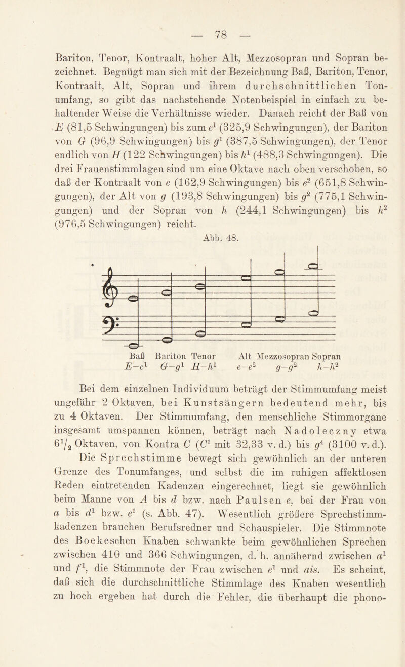 Bariton, Tenor, Kontraalt, hoher Alt, Mezzosopran und Sopran be¬ zeichnet. Begnügt man sich mit der Bezeichnung Baß, Bariton, Tenor, Kontraalt, Alt, Sopran und ihrem durchschnittlichen Ton¬ umfang, so gibt das nachstehende Notenbeispiel in einfach zu be¬ haltender Weise die Verhältnisse wieder. Danach reicht der Baß von E (81,5 Schwingungen) bis zume1 (325,9 Schwingungen), der Bariton von G (96,9 Schwingungen) bis gl (387,5 Schwingungen), der Tenor endlich von H (122 Schwingungen) bis h1 (488,3 Schwingungen). Die drei Frauenstimmlagen sind um eine Oktave nach oben verschoben, so daß der Kontraalt von e (162,9 Schwingungen) bis e2 (651,8 Schwin¬ gungen), der Alt von g (193,8 Schwingungen) bis g2 (775,1 Schwin¬ gungen) und der Sopran von h (244,1 Schwingungen) bis 7r (976,5 Schwingungen) reicht. Abb. 48. Baß Bariton Tenor Alt Mezzosopran Sopran E-el G-g1 H-h1 e-e2 g-g2 h-h2 Bei dem einzelnen Individuum beträgt der Stimmumfang meist ungefähr 2 Oktaven, bei Kunstsängern bedeutend mehr, bis zu 4 Oktaven. Der Stimmumfang, den menschliche Stimmorgane insgesamt umspannen können, beträgt nach Nadoleczny etwa 6V2 Oktaven, von Kontra C (C1 mit 32,33 v. d.) bis g4 (3100 v. d.). Die Sprechstimme bewegt sich gewöhnlich an der unteren Grenze des Tonumfanges, und selbst die im ruhigen affektlosen Reden eintretenden Kadenzen eingerechnet, liegt sie gewöhnlich beim Manne von A bis d bzw. nach Paulsen e, bei der Frau von a bis d1 bzw. e1 (s. Abb. 47). Wesentlich größere Sprechstimm¬ kadenzen brauchen Berufsredner und Schauspieler. Die Stimmnote des Boekeschen Knaben schwankte beim gewöhnlichen Sprechen zwischen 410 und 366 Schwingungen, d. h. annähernd zwischen al und f\ die Stimmnote der Frau zwischen e1 und ais. Es scheint, daß sich die durchschnittliche Stimmlage des Knaben wesentlich zu hoch ergeben ha,t durch die Fehler, die überhaupt die phono-
