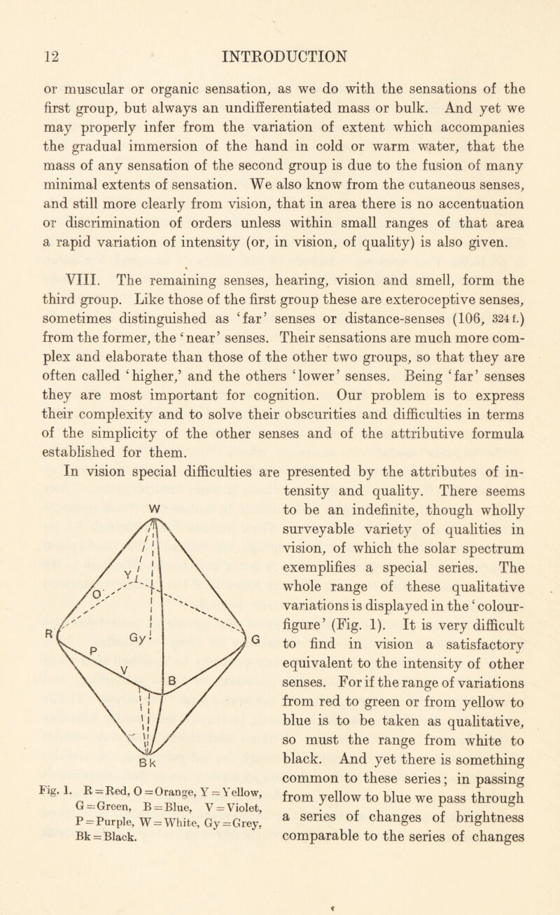 or muscular or organic sensation, as we do with the sensations of the first group, but always an undifferentiated mass or bulk. And yet we may properly infer from the variation of extent which accompanies the gradual immersion of the hand in cold or warm water, that the mass of any sensation of the second group is due to the fusion of many minimal extents of sensation. We also know from the cutaneous senses, and still more clearly from vision, that in area there is no accentuation or discrimination of orders unless within small ranges of that area a rapid variation of intensity (or, in vision, of quality) is also given. VIII. The remaining senses, hearing, vision and smell, form the third group. Like those of the first group these are exteroceptive senses, sometimes distinguished as ‘far5 senses or distance-senses (106, 324 f.) from the former, the 4 near5 senses. Their sensations are much more com¬ plex and elaborate than those of the other two groups, so that they are often called ‘higher,5 and the others ‘lower5 senses. Being ‘far5 senses they are most important for cognition. Our problem is to express their complexity and to solve their obscurities and difficulties in terms of the simplicity of the other senses and of the attributive formula established for them. In vision special difficulties are presented by the attributes of in¬ tensity and quality. There seems to be an indefinite, though wholly surveyable variety of qualities in vision, of which the solar spectrum exemplifies a special series. The whole range of these qualitative variations is displayed in the ‘ colour- figure5 (Fig. 1). It is very difficult to find in vision a satisfactory equivalent to the intensity of other senses. For if the range of variations from red to green or from yellow to blue is to be taken as qualitative, so must the range from white to black. And yet there is something common to these series; in passing from yellow to blue we pass through a series of changes of brightness comparable to the series of changes W Fig. 1. R = Red, 0 = Orange, Y = Yellow, G = Green, B = Blue, V = Violet, P — Purple, W = White, Gy = Grey, Bk = Black.