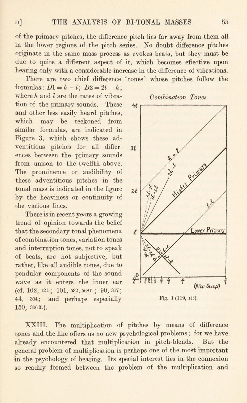 of the primary pitches, the difference pitch lies far away from them all in the lower regions of the pitch series. No doubt difference pitches originate in the same mass process as evokes beats, but they must be due to quite a different aspect of it, which becomes effective upon hearing only with a considerable increase in the difference of vibrations. There are two chief difference ‘tones5 whose pitches follow the formulas: Dl = h — l; D2--=2l — h; where h and l are the rates of vibra¬ tion of the primary sounds. These 4.c and other less easily heard pitches, which may be reckoned from similar formulas, are indicated in Figure 3, which shows these ad¬ ventitious pitches for all differ- 3^ ences between the primary sounds from unison to the twelfth above. The prominence or audibility of these adventitious pitches in the tonal mass is indicated in the figure 2£ by the heaviness or continuity of the various lines. There is in recent years a growing trend of opinion towards the belief that the secondary tonal phenomena l of combination tones, variation tones and interruption tones, not to speak of beats, are not subjective, but rather, like all audible tones, due to pendular components of the sound wave as it enters the inner ear (cf. 102, 12f.; 101, 532, 568f.; 90, 317 ; 44, 304; and perhaps especially 150, 306ff.). XXIII. The multiplication of pitches by means of difference tones and the like offers us no new psychological problems; for we have already encountered that multiplication in pitch-blends. But the general problem of multiplication is perhaps one of the most important in the psychology of hearing. Its special interest lies in the connexion so readily formed between the problem of the multiplication and Fig. 3 (119, 135).