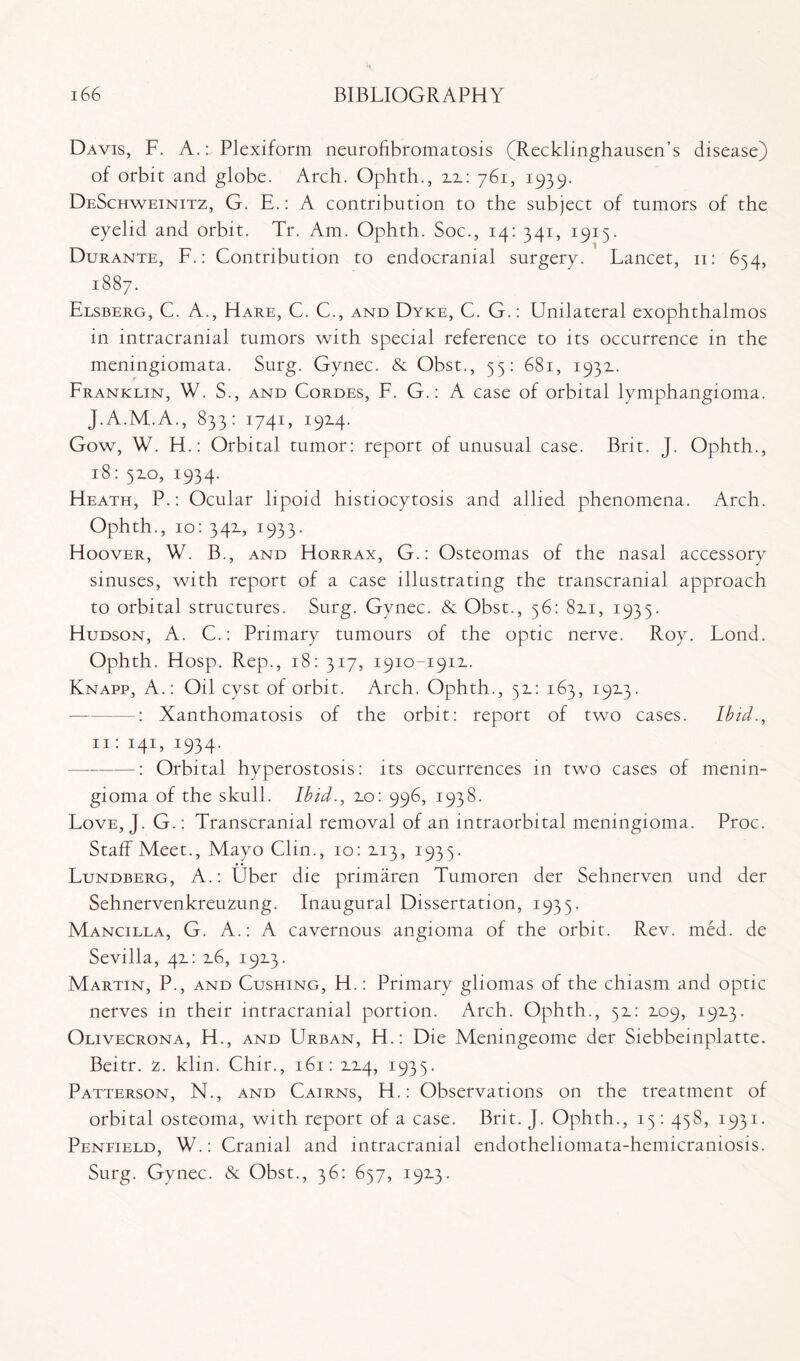 Davis, F. A.: Plexiform neurofibromatosis (Recklinghausen’s disease) of orbit and globe. Arch. Ophth., 2.2.: 761, 1939. DeSchweinitz, G. E.: A contribution to the subject of tumors of the eyelid and orbit. Tr. Am. Ophth. Soc., 14: 341, 1913. Durante, F.: Contribution to endocranial surgery. Lancet, 11: 654, 1887. Elsberg, C. A., Hare, C. C., and Dyke, C. G.: Unilateral exophthalmos in intracranial tumors with special reference to its occurrence in the meningiomata. Surg. Gynec. & Obst., 55: 681, 1932.. Franklin, W. S., and Cordes, F. G.: A case of orbital lymphangioma. J.A.M.A., 833: 1741, 19x4. Gow, W. H.: Orbital tumor: report of unusual case. Brit. J. Ophth., 18: 52.0, 1934. Heath, P.: Ocular lipoid histiocytosis and allied phenomena. Arch. Ophth., 10: 342., 1933. Hoover, W. B., and Horrax, G.: Osteomas of the nasal accessory sinuses, with report of a case illustrating the transcranial approach to orbital structures. Surg. Gynec. & Obst., 56: 82.1, 1935. Hudson, A. C.: Primary tumours of the optic nerve. Roy. Lond. Ophth. Hosp. Rep., 18: 317, 1910-1912.. Knapp, A.: Oil cyst of orbit. Arch. Ophth., 52.: 163, 192.3. —-: Xanthomatosis of the orbit: report of two cases. Ibid., n: 141, 1934. --: Orbital hyperostosis: its occurrences in two cases of menin¬ gioma of the skull. Ibid., 2.0: 996, 1938. Love, J. G.: Transcranial removal of an intraorbital meningioma. Proc. Staff Meet., Mayo Clin., 10: 2.13, 1935. Lundberg, A.: Uber die primaren Tumoren der Sehnerven und der Sehnervenkreuzung. Inaugural Dissertation, 1935. Mancilla, G. A.: A cavernous angioma of the orbit. Rev. med. de Sevilla, 42.: 2.6, 192.3. Martin, P., and Cushing, H.: Primary gliomas of the chiasm and optic nerves in their intracranial portion. Arch. Ophth., 51: 2.09, 192.3. Olivecrona, H., and LTrban, H.: Die Meningeome der Siebbeinplatte. Beitr. z. klin. Chir., 161: 12.4, 1935. Patterson, N., and Cairns, H.: Observations on the treatment of orbital osteoma, with report of a case. Brit. J. Ophth., 15: 458, 1931. Penfield, W.: Cranial and intracranial endotheliomata-hemicraniosis. Surg. Gynec. & Obst., 36: 657, 192.3.