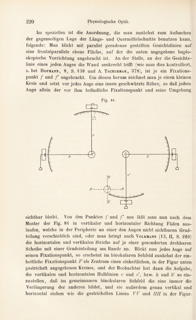 Im speziellen ist die Anordnung, die man zunächst zum Aufsuchen der gegenseitigen Lage der Längs- und Quermittelschnitte benutzen kann, folgende: Man blickt mit parallel geradeaus gestellten Gesichtslinien auf eine frontalparallele ebene Fläche, auf der die unten angegebene haplo- skopische Vorrichtung angebracht ist. An der Stelle, an der die Gesichts¬ linie eines jeden Auges die Wand senkrecht trifft (wie man dies kontrolliert, s. bei Hofmann, 8, S. 138 und A. Tschermak, 378), ist je ein Fixations¬ punkt f und f angebracht. Um diesen herum zeichnet man je einen kleinen Kreis und setzt vor jedes Auge eine innen geschwärzte Röhre, so daß jedem Auge allein der vor ihm befindliche Fixationspunkt und seine Umgebung Fig. 81. sichtbar bleibt. Von den Punkten f und f aus läßt man nun nach dem Muster der Fig. 81 in vertikaler und horizontaler Richtung Fäden aus- laufen, welche in der Peripherie an einer den Augen nicht sichtbaren Grad¬ teilung verschieblich sind, oder man bringt nach Volkmann (13, II, S. 220) die horizontalen und vertikalen Striche auf je einer gesonderten drehbaren Scheibe mit einer Gradeinteilung am Rande an. Blickt nun jedes Auge auf seinen Fixationspunkt, so erscheint im binokularen Sehfeld zunächst der ein¬ heitliche Fixationspunkt F als Zentrum eines einheitlichen, in der Figur unten gestrichelt angegebenen Kreises, und der Beobachter hat dann die Aufgabe, die vertikalen und horizontalen Halblinien v und v', bzw. h und ti so ein¬ zustellen, daß im gemeinsamen binokularen Sehfeld die eine immer die Verlängerung der anderen bildet, und sie außerdem genau vertikal und horizontal stehen wie die gestrichelten Linien VV und HH in der Figur.