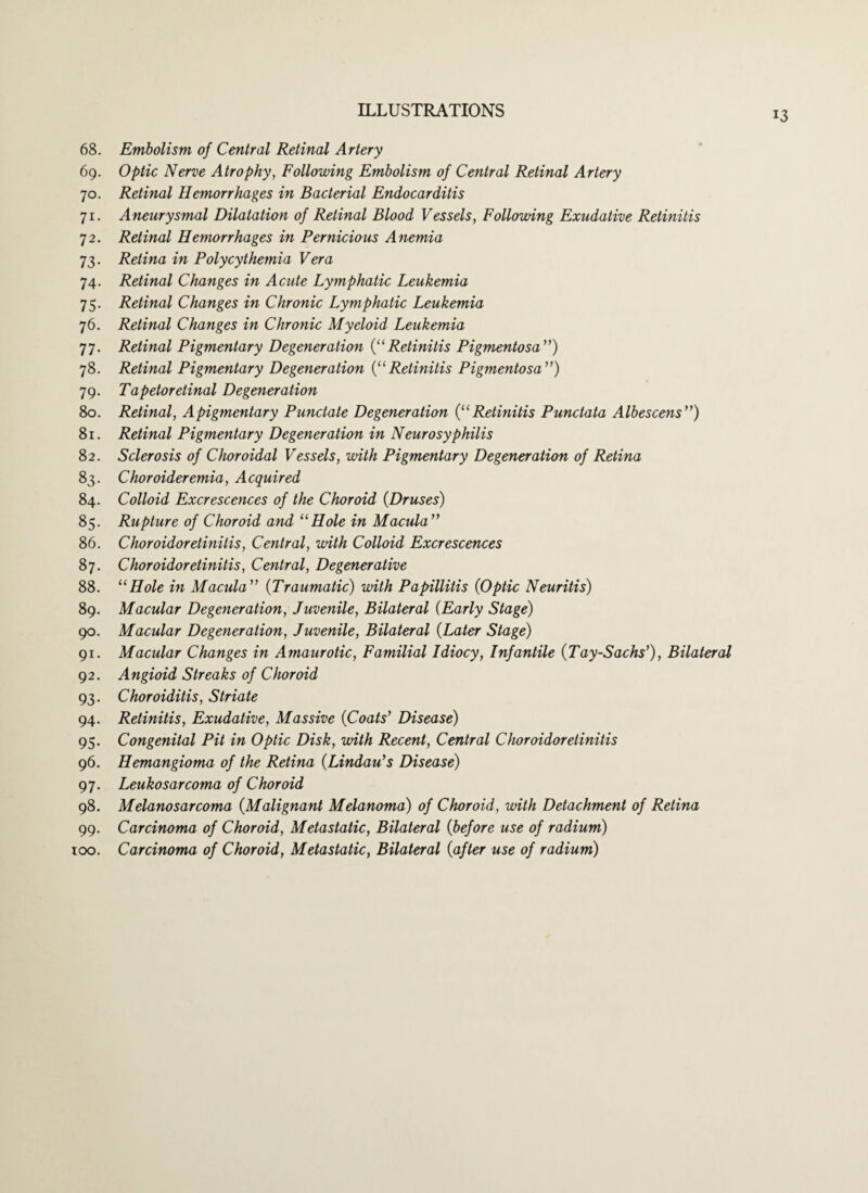 68. Embolism of Central Retinal Artery 69. Optic Nerve Atrophy, Following Embolism of Central Retinal Artery 70. Retinal Hemorrhages in Bacterial Endocarditis 71. Aneurysmal Dilatation of Retinal Blood Vessels, Following Exudative Retinitis 72. Retinal Hemorrhages in Pernicious Anemia 73. Retina in Polycythemia Vera 74. Retinal Changes in Acute Lymphatic Leukemia 75. Retinal Changes in Chronic Lymphatic Leukemia 76. Retinal Changes in Chronic Myeloid Leukemia 77. Retinal Pigmentary Degeneration {“Retinitis Pigmentosa”) 78. Retinal Pigmentary Degeneration {“ Retinitis Pigmentosa ”) 79. Tapetoretinal Degeneration 80. Retinal, A pigmentary Punctate Degeneration (“ Retinitis Punctata Albescens ”) 81. Retinal Pigmentary Degeneration in Neurosyphilis 82. Sclerosis of Choroidal Vessels, with Pigmentary Degeneration of Retina 83. Choroideremia, Acquired 84. Colloid Excrescences of the Choroid (Druses) 85. Rupture of Choroid and “Hole in Macula” 86. Choroidoretinitis, Central, with Colloid Excrescences 87. Choroidoretinitis, Central, Degenerative 88. “Hole in Macula” (Traumatic) with Papillitis (Optic Neuritis) 89. Macular Degeneration, Juvenile, Bilateral {Early Stage) 90. Macular Degeneration, Juvenile, Bilateral {Later Stage) 91. Macular Changes in Amaurotic, Familial Idiocy, Infantile {Tay-Sachs’), Bilateral 92. Angioid Streaks of Choroid 93. Choroiditis, Striate 94. Retinitis, Exudative, Massive {Coats’ Disease) 95. Congenital Pit in Optic Disk, with Recent, Central Choroidoretinitis 96. Hemangioma of the Retina {Lindau’s Disease) 97. Leukosarcoma of Choroid 98. Melanosarcoma {Malignant Melanoma) of Choroid, with Detachment of Retina 99. Carcinoma of Choroid, Metastatic, Bilateral {before use of radium) 100. Carcinoma of Choroid, Metastatic, Bilateral {after use of radium)