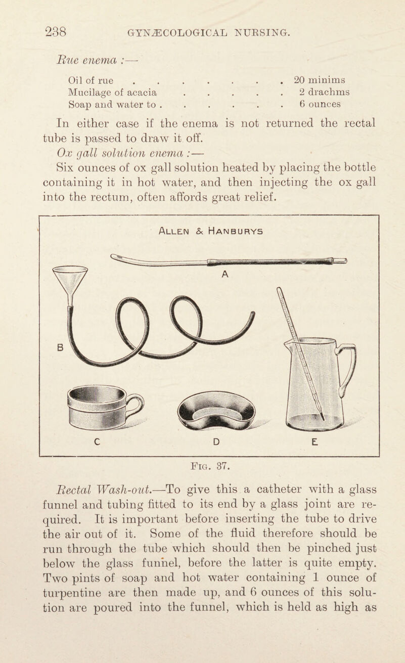 Bue enema :—- Oil of rue.20 minims Mucilage of acacia ..... 2 drachms Soaj) and water to . . . . . .6 ounces In either case if the enema is not returned the rectal tube is passed to draw it off. Ox gall solution enema :— Six ounces of ox gall solution heated by placing the bottle containing it in hot water, and then injecting the ox gall into the rectum, often affords great relief. Allen & Hanburys C D E Fig. 37. Rectal Wash-out.—To give this a catheter with a glass funnel and tubing fitted to its end by a glass joint are re¬ quired. It is important before inserting the tube to drive the air out of it. Some of the fluid therefore should be run through the tube which should then be pinched just below the glass funnel, before the latter is quite empty. Two pints of soap and hot water containing 1 ounce of turpentine are then made up, and 6 ounces of this solu¬ tion are poured into the funnel, which is held as high as