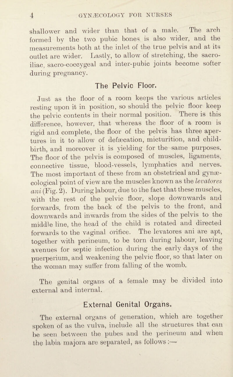 shallower and wider than that of a male. The arch formed by the two pubic bones is also wider, and the measurements both at the inlet of the true pelvis and at its outlet are wider. Lastly, to allow of stretching, the sacro¬ iliac, sacro-coccygeal and inter-pubic joints become softer during pregnancy. The Pelvic Floor. •Just as the floor of a room keeps the various articles resting upon it in position, so should the pelvic floor keep the pelvic contents in their normal position. There is this difference, however, that whereas the floor of a room is rigid and complete, the floor of the pelvis has three aper¬ tures in it to allow of defsecation, micturition, and child¬ birth, and moreover it is yielding for the same purposes. The floor of the pelvis is composed of muscles, ligaments, connective tissue, blood-vessels, lymphatics and nerves. The most important of these from an obstetrical and gynae¬ cological point of view are the muscles known as the levatores ani (Fig. 2). During labour, due to the fact that these muscles, with the rest of the pelvic floor, slope downwards and forwards, from the back of the pelvis to the front, and downwards and inwards from the sides of the pelvis to the middle line, the head of the child is rotated and directed forwards to the vaginal orifice. The levatores ani are apt, together with perineum, to be torn during labour, leaving avenues for septic infection during the early days of the puerperium, and weakening the pelvic floor, so that later on the woman may suffer from falling of the womb. The genital organs of a female may be divided into external and internal. External Genital Organs. The external organs of generation, which are together spoken of as the vulva, include all the structures that can be seen between the pubes and the perineum and when the labia majora are separated, as follows