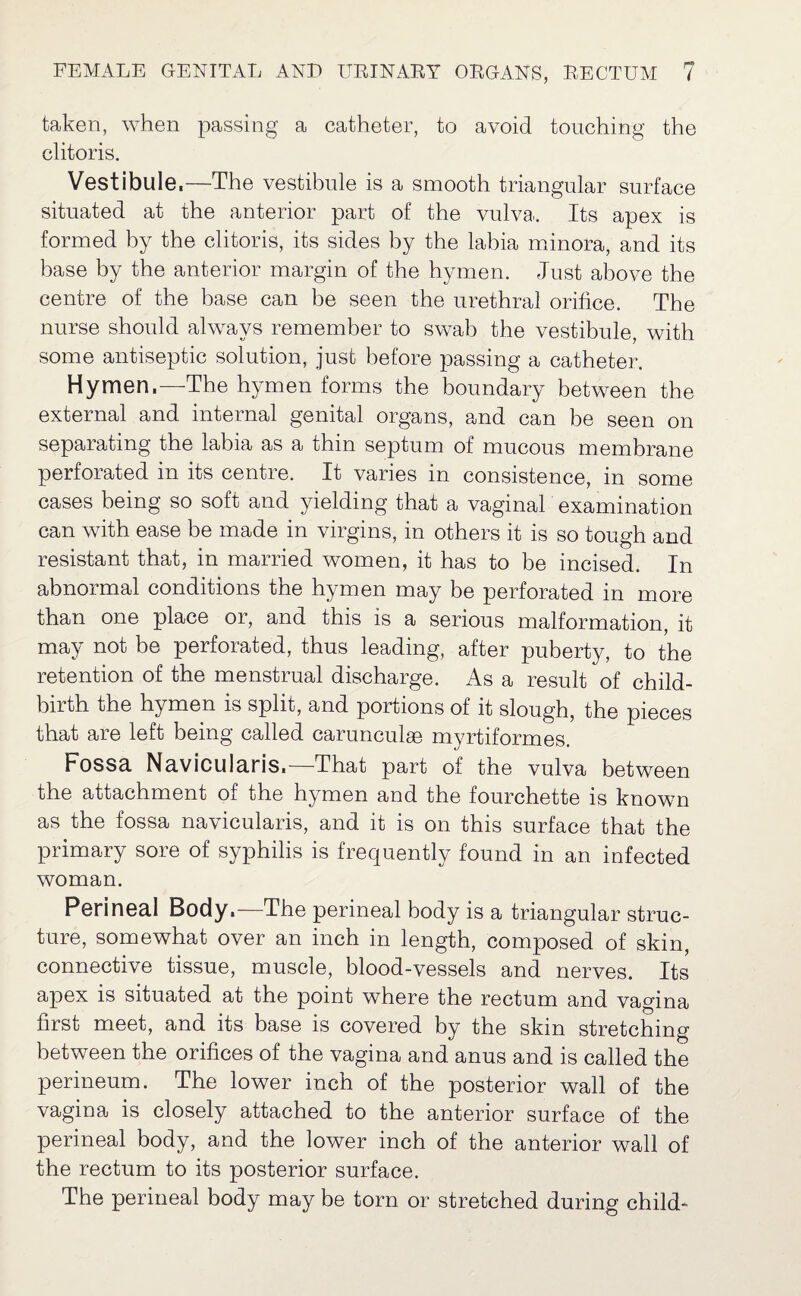 taken, when passing a catheter, to avoid touching the clitoris. Vestibule.—The vestibule is a smooth triangular surface situated at the anterior part of the vulva. Its apex is formed by the clitoris, its sides by the labia minora, and its base by the anterior margin of the hymen. Just above the centre of the base can be seen the urethral orifice. The nurse should always remember to swab the vestibule, with some antiseptic solution, just before passing a catheter. Hymen.—The hymen forms the boundary between the external and internal genital organs, and can be seen on separating the labia as a thin septum of mucous membrane perforated in its centre. It varies in consistence, in some cases being so soft and yielding that a vaginal examination can with ease be made in virgins, in others it is so tough and resistant that, in married women, it has to be incised. In abnormal conditions the hymen may be perforated in more than one place or, and this is a serious malformation, it may not be perforated, thus leading, after puberty, to the retention of the menstrual discharge. As a result of child¬ birth the hymen is split, and portions of it slough, the pieces that are left being called carunculae myrtiformes. Fossa Navicularis.—That part of the vulva between the attachment of the hymen and the fourchette is known as the fossa navicularis, and it is on this surface that the primary sore of syphilis is frequently found in an infected woman. Perineal Body.—The perineal body is a triangular struc¬ ture, somewhat over an inch in length, composed of skin, connective tissue, muscle, blood-vessels and nerves. Its apex is situated at the point where the rectum and vagina first meet, and its base is covered by the skin stretching between the orifices of the vagina and anus and is called the perineum. The lower inch of the posterior wall of the vagina is closely attached to the anterior surface of the perineal body, and the lower inch of the anterior wall of the rectum to its posterior surface. The perineal body may be torn or stretched during child-