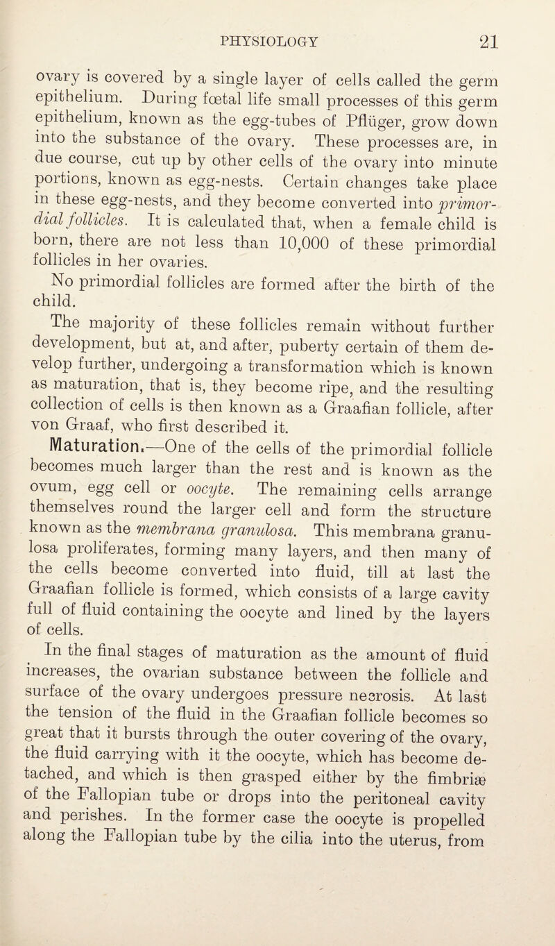 ovary is covered by a single layer of cells called the germ epithelium. During foetal life small processes of this germ epithelium, known as the egg-tubes of Pfluger, grow down into the substance of the ovary. These processes are, in due course, cut up by other cells of the ovary into minute portions, known as egg-nests. Certain changes take place in these egg-nests, and they become converted into primor¬ dial follicles. It is calculated that, when a female child is bom, there are not less than 10,000 of these primordial follicles in her ovaries. No primordial follicles are formed after the birth of the child. The majority of these follicles remain without further development, but at, and after, puberty certain of them de¬ velop further, undergoing a transformation which is known as maturation, that is, they become ripe, and the resulting collection of cells is then known as a Graafian follicle, after von Graaf, who first described it. Maturation.—One of the cells of the primordial follicle becomes much larger than the rest and is known as the ovum, egg cell or oocyte. The remaining cells arrange themselves round the larger cell and form the structure known as the membrana granulosa. This membrana granu¬ losa proliferates, forming many layers, and then many of the cells become converted into fluid, till at last the Graafian follicle is formed, which consists of a large cavity full of fluid containing the oocyte and lined by the layers of cells. In the final stages of maturation as the amount of fluid increases, the ovarian substance between the follicle and surface of the ovary undergoes pressure necrosis. At last the tension of the fluid in the Graafian follicle becomes so great that it bursts through the outer covering of the ovary, the fluid carrying with it the oocyte, which has become de¬ tached, and which is then grasped either by the fimbri® of the Fallopian tube or drops into the peritoneal cavity and perishes. In the former case the oocyte is propelled along the lallopian tube by the cilia into the uterus, from