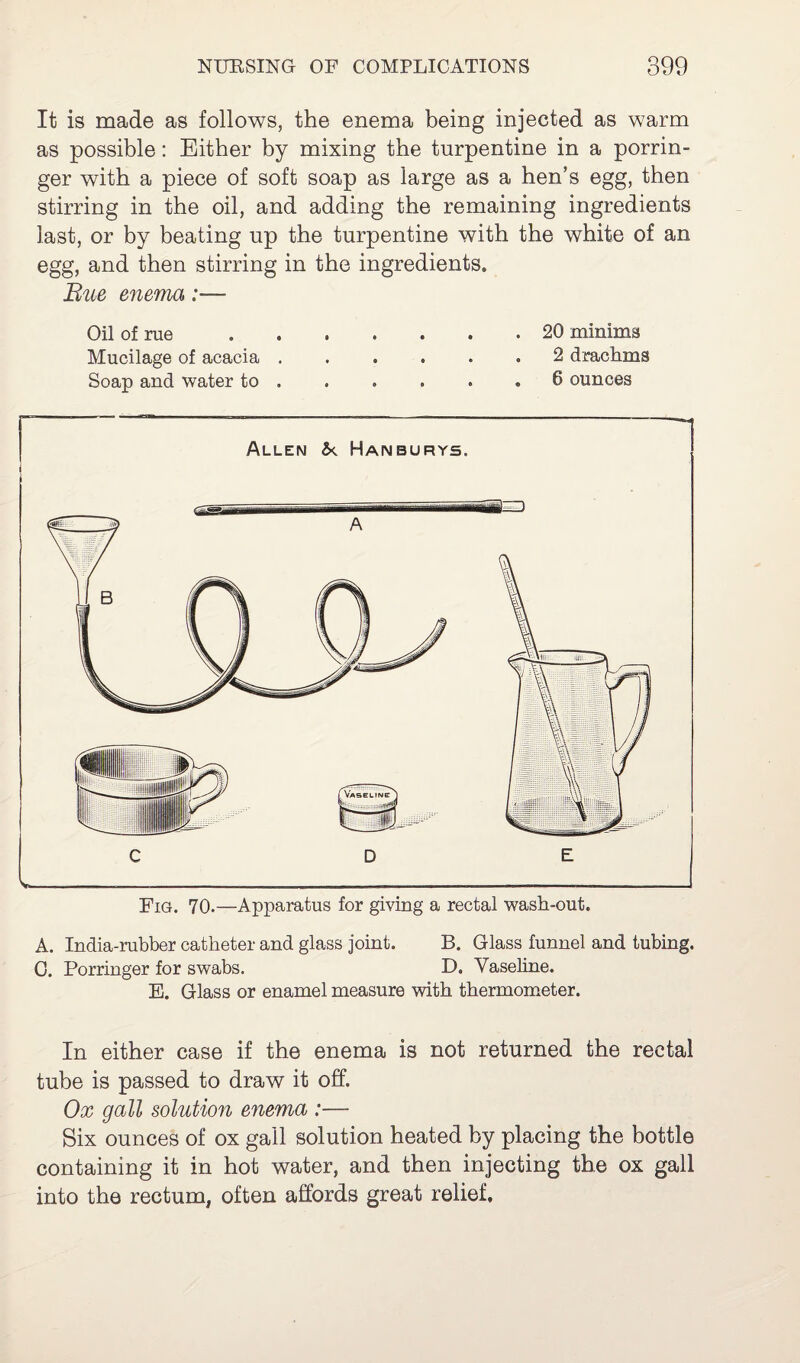 It is made as follows, the enema being injected as warm as possible: Either by mixing the turpentine in a porrin¬ ger with a piece of soft soap as large as a hen’s egg, then stirring in the oil, and adding the remaining ingredients last, or by beating up the turpentine with the white of an egg, and then stirring in the ingredients. Rue enema Oil of rue.20 minima Mucilage of acacia ...... 2 drachms Soap and water to . . . . . .6 ounces A. India-rubber catheter and glass joint. B. Glass funnel and tubing. G. Porringer for swabs. D. Vaseline. E. Glass or enamel measure with thermometer. In either case if the enema is not returned the rectal tube is passed to draw it off. Ox gall solution enema :— Six ounces of ox gall solution heated by placing the bottle containing it in hot water, and then injecting the ox gall into the rectum, often affords great relief.