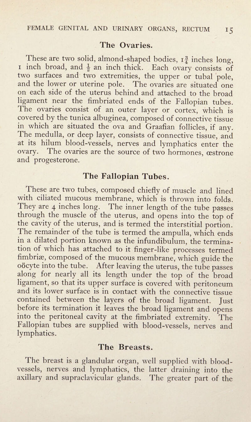 The Ovaries. These are two solid, almond-shaped bodies, if inches long, I inch broad, and J an inch thick. Each ovary consists of two surfaces and two extremities, the upper or tubal pole, and the lower or uterine pole. The ovaries are situated one on each side of the uterus behind and attached to the broad ligament near the fimbriated ends of the Fallopian tubes. The ovaries consist of an outer layer or cortex, which is covered by the tunica albuginea, composed of connective tissue in which are situated the ova and Graafian follicles, if any. The medulla, or deep layer, consists of connective tissue, and at its hilum blood-vessels, nerves and lymphatics enter the ovary. The ovaries are the source of two hormones, oestrone and progesterone. The Fallopian Tubes. These are two tubes, composed chiefiy of muscle and lined with ciliated mucous membrane, which is thrown into folds. They are 4 inches long. The inner length of the tube passes through the muscle of the uterus, and opens into the top of the cavity of the uterus, and is termed the interstitial portion. The remainder of the tube is termed the ampulla, which ends in a dilated portion known as the infundibulum, the termina¬ tion of which has attached to it finger-like processes termed fimbriag, composed of the mucous membrane, which guide the oocyte into the tube. After leaving the uterus, the tube passes along for nearly all its length under the top of the broad ligament, so that its upper surface is covered with peritoneum and its lower surface is in contact with the connective tissue contained between the layers of the broad ligament. Just before its termination it leaves the broad ligament and opens into the peritoneal cavity at the fimbriated extremity. The Fallopian tubes are supplied with blood-vessels, nerves and lymphatics. The Breasts. The breast is a glandular organ, well supplied with blood¬ vessels, nerves and lymphatics, the latter draining into the axillary and supraclavicular glands. The greater part of the