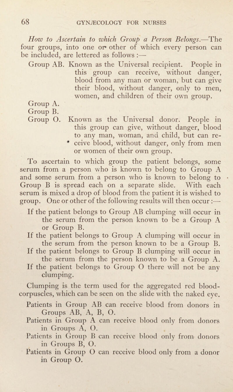 How to Ascertain to which Group a Person Belongs.—The four groups, into one or other of which every person can be included, are lettered as follows :— Group AB. Known as the Universal recipient. People in this group can receive, without danger, blood from any man or woman, but can give their blood, without danger, only to men, women, and children of their own group. Group A. Group B. Group O. Known as the Universal donor. People in this group can give, without danger, blood to any man, woman, and child, but can re- • ceive blood, without danger, only from men or women of their own group. To ascertain to which group the patient belongs, some serum from a person who is known to belong to Group A and some serum from a person who is known to belong to • Group B is spread each on a separate slide. With each serum is mixed a drop of blood from the patient it is wished to group. One or other of the following results will then occur:— If the patient belongs to Group AB clumping will occur in the serum from the person known to be a Group A or Group B. If the patient belongs to Group A clumping will occur in the serum from the person known to be a Group B. If the patient belongs to Group B clumping will occur in the serum from the person known to be a Group A. If the patient belongs to Group O there will not be any clumping. Clumping is the term used for the aggregated red blood- corpuscles, which can be seen on the slide with the naked eye. Patients in Group AB can receive blood from donors in Groups AB, A, B, O. Patients in Group A can receive blood only from donors in Groups A, O. Patients in Group B can receive blood only from donors in Groups B, O. Patients in Group O can receive blood only from a donor in Group O.