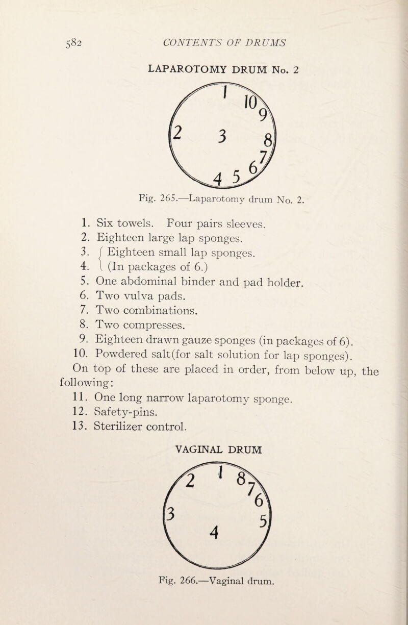 LAPAROTOMY DRUM No. 2 Fig. 265.—Laparotomy drum No. 2. 1. Six towels. Four pairs sleeves. 2. Eighteen large lap sponges. 3. f Eighteen small lap sponges. 4. 1 (In packages of 6.) 5. One abdominal binder and pad holder. 6. Two vulva pads. 7. Two combinations. 8. Two compresses. 9. Eighteen drawn gauze sponges (in packages of 6). 10. Powdered salt (for salt solution for lap sponges). On top of these are placed in order, from below up, the following: 11. One long narrow laparotomy sponge. 12. Safety-pins. 13. Sterilizer control. VAGINAL DRUM Fig. 266.—Vaginal drum.