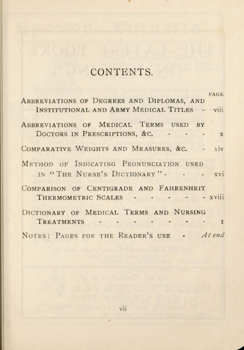 CONTENTS. PAGE Abbreviations of Degrees and Diplomas, and Institutional and Army Medical Titles - viii Abbreviations of Medical Terms used by Doctors in Prescriptions, &c. • - - x Comparative Weights and Measures, &c. - xiv Method of Indicating Pronunciation used in “The Nurse’s Dictionary’’- - - xvi Comparison of Centigrade and Fahrenheit Thermometric Scales.xviii Dictionary of Medical Terms and Nursing Treatments . i Notes: Pages for the Reader’s use - At end