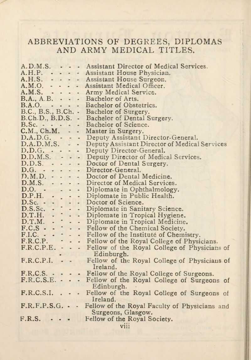 ABBREVIATIONS OF DEGREES, DIPLOMAS AND ARMY MEDICAL TITLES. A.D.M.S. . . A.H.P. - - - A.H.S. - - - A.M.O. - - - A. M.S. - - - B. A., A.B. - . B.A.O. - - - B.C., B.S., B.Ch. B.Ch.D., B.D.S. B. Sc. .... C. M., Ch.M. . D. A.D.G. - - D.A.D.M.S. - D.D.G. . - - D.D.M.S. - - D.D.S. - . . D.G. .... D.M.D. - - - D.M.S. - - - D.O. - - - D.P.H. . D.Sc. - . ■ . D.S.Sc, - ‘ - D.T.H. . ■ . D.T.M. . ■ . F.C.S - . - . F.I.C. - . - - F.R.C.P. - - F.R.C.P.E. - . F.R.C.P.I. . - F.R.C.S. . - - F.R.C.S.E. . - F.R.C.S.I. . F.R.F.P.S.G. Assistant Director of Medical Services. Assistant House Physician. Assistant House Surgeon. Assistant Medical Officer. Army Medical Service. Bachelor of Arts. Bachelor of Obstetrics. Bachelor of Surgery. Bachelor of Dental Surgery. Bachelor of Science. Master in Surgery. Deputy Assistant Director-General. Deputy Assistant Director of Medical Services Deputy Director-General. Deputy Director of Medical Services. Doctor of Dental Surgery. Director-General. Doctor of Dental Medicine. Director of Medical Services. Diplomate in Ophthalmology. Diplomate in Public Health. Doctor of Science. Diplomate in Sanitary Science. Diplomate in Tropical Hygiene. Diplomate in Tropical Medicine. Fellow of the Chemical Society. Fellow of the Institute of Chemistry. Fellow of the Royal College of Physicians. Fellow of the Royal College of Physicians of Edinburgh. Fellow of the Royal College of Physicians of Ireland. Fellow of the Royal College of Surgeons. Fellow of the Royal College of Surgeons of Edinburgh. Fellow of the Royal College of Surgeons of Ireland. Fellow of the Royal Faculty of Physicians and Surgeons, Glasgow. Fellow of the Royal Society, F.R.S.