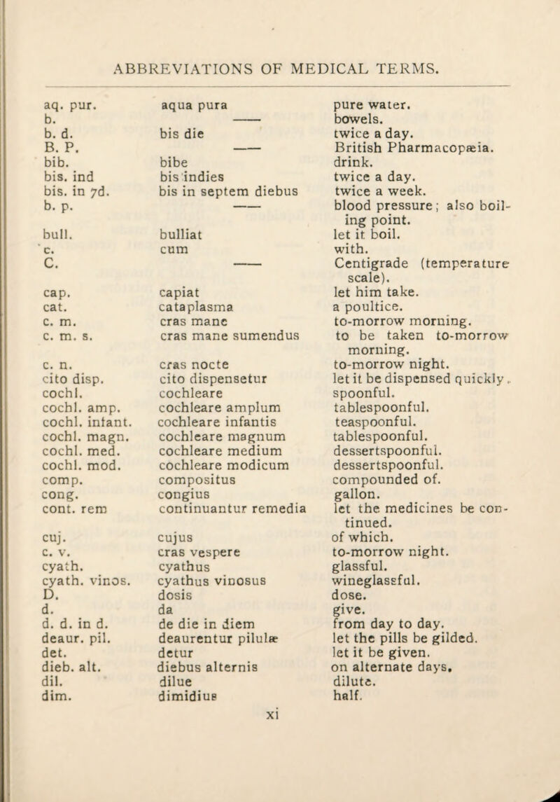 aq, pur. aqua pura pure water. b. bowels. b. d. bis die twice a day. B. P. — British Pharmacopeia. bib. bibe drink. bis. ind bis indies twice a day. bis. in 7d. bis in septem diebus twice a week. b. p. blood pressure; also boil¬ ing point. bull. bulliat let it boil. c. cum with. c. Centigrade (temperature scale). cap. capiat let him take. cat. cataplasma a poultice. c. m. eras mane to-morrow morning. c. m. s. eras mane sumendus to be taken to-morrow morning. c. n. eras nocte to-morrow night. cito disp. cito dispensetur let it be dispensed quickly.. cochl. cochleare spoonful. cochl. amp. cochleare amplum tablespoonful. cochl. infant. cochleare infantis teaspoonful. cochl. magn. cochleare magnum tablespoonful. cochl. med. cochleare medium dessertspoonful. cochl. mod. cochleare modicum dessertspoonful. comp. compositus compounded of. cong. congius gallon. cont. rera continuantur remedia let the medicines be con¬ tinued. cuj. cujus of which. C. V. eras vespere to-morrow night. cyath. cyathus glassful. cyath. vinos. cyathus vinosus wineglassful. D. dosis dose. d. da give. d. d. in d. de die in diem from day to day. deaur. pil. deaurentur pilulae let the pills be gilded. det. detur let it be given. dieb. alt. diebus alternis on alternate days. dil. dilue dilute. dim. dimidiuE half.