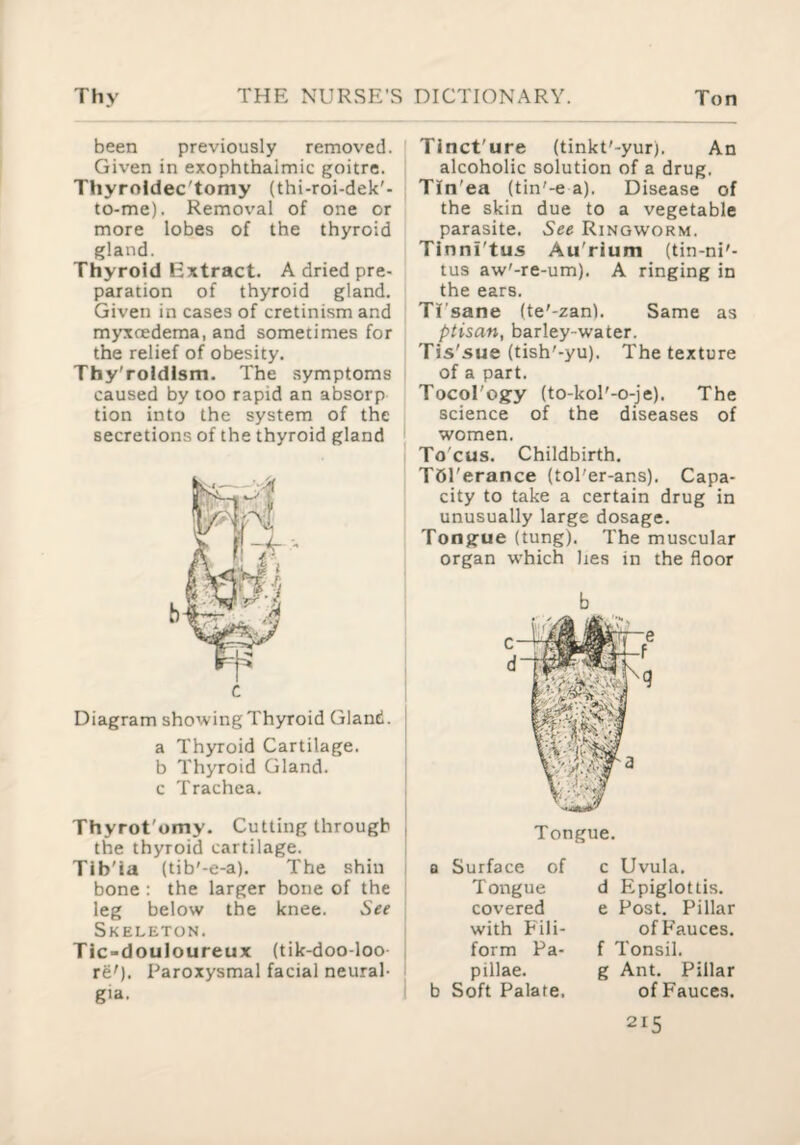 been previously removed. Given in exophthalmic goitre. Thyroldec'tomy (thi-roi-dek'- to-me). Removal of one or more lobes of the thyroid gland. Thyroid Extract. A dried pre¬ paration of thyroid gland. Given in cases of cretinism and myxoedema, and sometimes for the relief of obesity. Thy'roldlsm. The symptoms caused by too rapid an absorp tion into the system of the secretions of the thyroid gland Diagram showing Thyroid Gland. a Thyroid Cartilage, b Thyroid Gland, c Trachea. Thyrot'omy. Cutting through the thyroid cartilage. Tib'ia (tib'-e-a). The shin bone : the larger bone of the leg below the knee. See Skeleton. Tic-douloureux (tik-doo-loo re'). Paroxysmal facial neural¬ gia. Tlnct'ure (tinkt'-yur). An alcoholic solution of a drug. Tin'ea (tin'-e a). Disease of the skin due to a vegetable parasite. See Ringworm. Tinni'tus Au'rium (tin-ni'- tus aw'-re-um). A ringing in the ears. TEsane (te'-zan). Same as ptisan, barley-water. Tis'sue (tish'-yu). The texture of a part. Tocol'ogy (to-kol'-o-je). The science of the diseases of women. To'cus. Childbirth. TSl'erance (tol'er-ans). Capa¬ city to take a certain drug in unusually large dosage. Tongue (tung). The muscular organ which lies in the floor b Tongue. Q Surface of Tongue covered with Fili¬ form Pa¬ pillae. b Soft Palate. c Uvula, d Epiglottis, e Post, Pillar of F'auces. f Tonsil, g Ant. Pillar of Fauces,