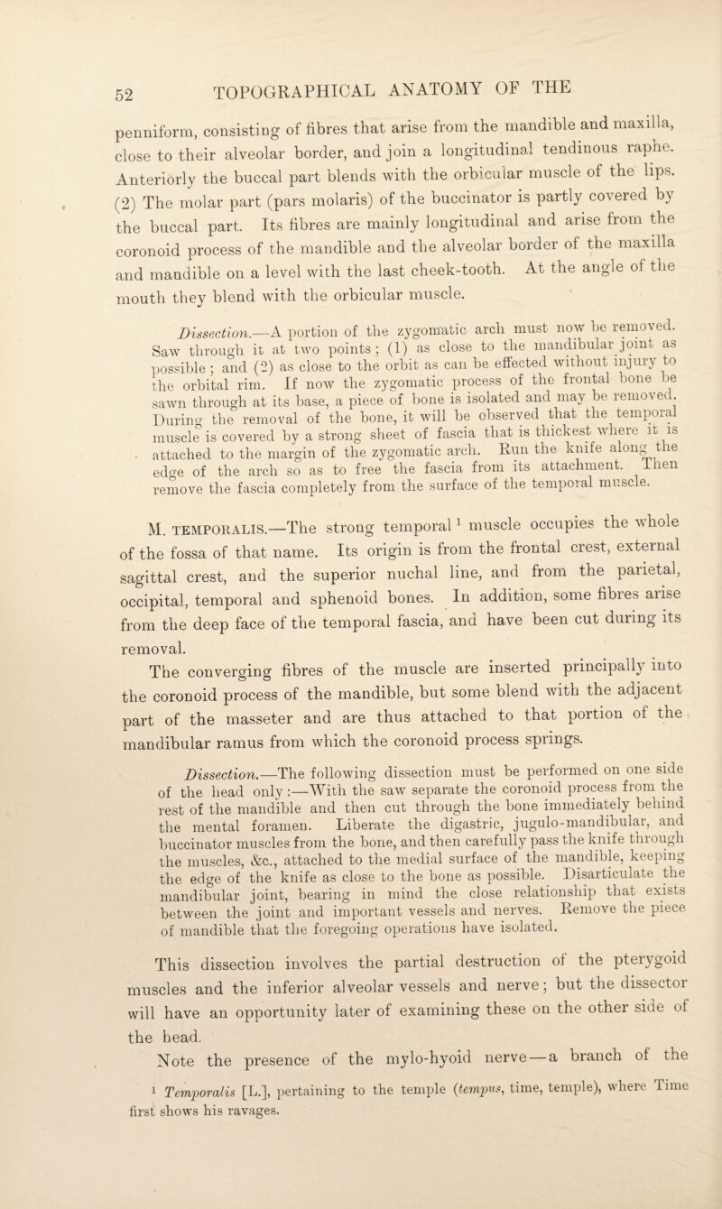 penniform, consisting of fibres that arise from the mandible and maxilla, close to their alveolar border, and join a longitudinal tendinous raphe. Anteriorly the buccal part blends with the orbicular muscle of the lips. (2) The molar part (pars molaris) of the buccinator is partly covered by the buccal part. Its fibres are mainly longitudinal and arise from the coronoid process of the mandible and the alveolar border of the maxilla and mandible on a level with the last cheek-tooth. At the angle of the mouth they blend with the orbicular muscle. Dissection.—A portion of the zygomatic arch must now he removed. Saw through it at two points; (1) as close to the mandibular joint as iiossible ; and (2) as close to the orbit as can be effected without injury to the orbital rim. If now the zygomatic process of the frontal bone be sawn through at its base, a piece of hone is isolated and may be removed. During the removal of the bone, it will be observed that the temporal muscle is covered by a strong sheet of fascia that is thickest where it is . attached to the margin of the zygomatic arch. Run the knife along the edge of the arch so as to free the fascia from its attachment, ihen remove the fascia completely from the surface of the temporal muse e. M. TEMPORALIS.—The strong temporal ^ muscle occupies the whole of the fossa of that name. Its origin is from the frontal crest, external sagittal crest, and the superior nuchal line, and from the parietal, occipital, temporal and sphenoid bones. In addition, some fibies arise from the deep face of the temporal fascia, and have been cut during its removal. The converging fibres of the muscle are inserted principally into the coronoid process of the mandible, but some blend with the adjacent part of the masseter and are thus attached to that portion of the mandibular ramus from which the coronoid process springs. Dissection.—The following dissection must be performed on one side of the head only :—With the saw separate the coronoid process from the rest of the mandible and then cut through the hone immediately behind the mental foramen. Liberate the digastric, jugulo-mandibular, and Vjiiccinator muscles from the bone, and then carefully pass the knife through the muscles, &c., attached to the medial surface of the mandible, keeping the edge of the knife as close to the bone as possible. Disarticulate the mandibular joint, bearing in mind the close relationship that exists between the joint and important vessels and nerves. Remove the piece of mandible that the foregoing operations have isolated. This dissection involves the partial destruction of the pterygoid muscles and the inferior alveolar vessels and nerve; but the dissector will have an opportunity later of examining these on the other side of the head. Note the presence of the mylo-hyoid nerve — a branch of the 1 Temporalis [L.], pertaining to the temple {tempus, time, temple), where Time first shows his ravages.