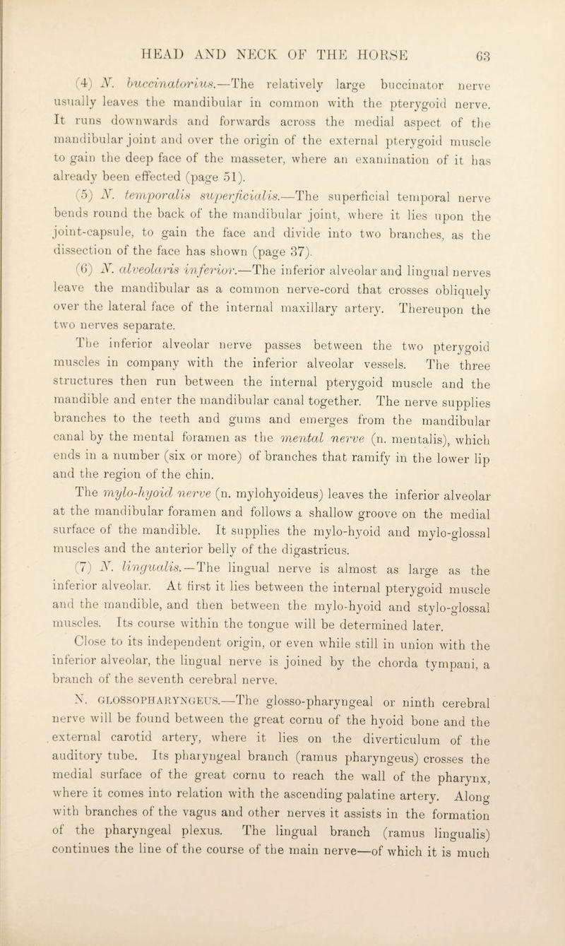 (4) X. Jmccinatorius.—The relatively large buccinator nerve usually leaves the mandibular in common with the pterygoid nerve. It runs downwards and forwards across the medial aspect of the mandibular joint and over the origin of the external pterygoid muscle to gain the deep face of the masseter, where an examination of it has already been effected (])age 51). (5) A. teDiporalis superficinlis.—The superficial temporal nerve bends round the back of the mandibular joint, where it lies upon the joint-capsule, to gain the face and divide into two branches, as the dissection of the face has shown (page 37). (fi) A. alveolaris inferior.—The inferior alveolar and lingual nerves leave the mandibular as a common nerve-cord that crosses obliquely over the lateral face of the internal maxillary artery. Thereupon the two nerves separate. The inferior alveolar nerve passes between the two pterygoid muscles in company with the inferior alveolar vessels. The three structures then run between the internal pterygoid muscle and the mandible and enter the mandibular canal together. The nerve supplies branches to the teeth and gums and emerges from the mandibular canal by the mental foramen as the mental nerve (n. mental is), which ends in a number (six or more) of branches that ramify in the lower lip and the region of the chin. The mylo-hyoid nerve (n. mylohyoideus) leaves the inferior alveolar at the mandibular foramen and follows a shallow groove on the medial surface of the mandible. It supplies the mylo-hyoid and mylo-glossal muscles and the anterior belly of the digastricus. (7) X. linfjualis.—The lingual nerve is almost as large as the inferior alveolar. At first it lies between the internal pterygoid muscle and the mandible, and then between the mylo-hyoid and stylo-glossal muscles. Its course within the tongue will be determined later. Close to its independent origin, or even while still in union with the inferior alveolar, the lingual nerve is joined by the chorda tympani, a branch of the seventh cerebral nerve. N. GLOSSorHAitYN(;EUS.—The glosso-pharyngeal or ninth cerebral nerve will be found between the great cornu of the hyoid bone and the .external carotid artery, where it lies on the diverticulum of the auditory tube. Its pharyngeal branch (ramus phai'yngeus) crosses the medial surface of the great cornu to reach the wall of the pharynx, where it comes into relation with the ascending palatine artery. Along with branches of the vagus and other nerves it assists in the formation of the pharyngeal plexus. The lingual branch (ramus lingualis) continues the line of the course of the main nerve—of \vhich it is much