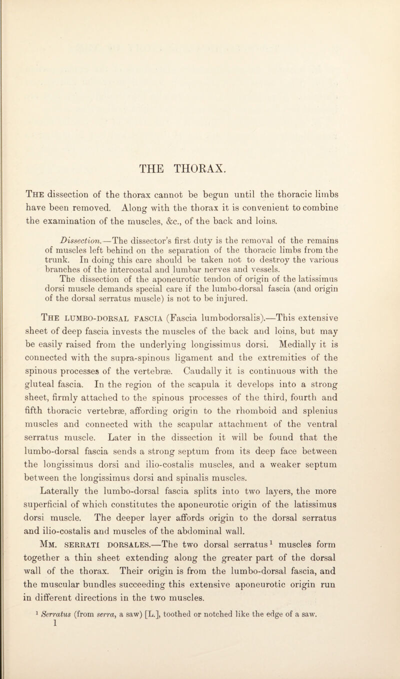 THE THORAX. The dissection of the thorax cannot be begun until the thoracic limbs have been removed. Along with the thorax it is convenient to combine the examination of the muscles, &c., of the back and loins. Dissection.—The dissector’s first duty is the removal of the remains of muscles left behind on the separation of the thoracic limbs from the trunk. In doing this care should be taken not to destroy the various branches of the intercostal and lumbar nerves and vessels. The dissection of the aponeurotic tendon of origin of the latissimus dorsi muscle demands special care if the lumbo-dorsal fascia (and origin of the dorsal serratus muscle) is not to be injured. The lumbo-dorsal fascia (Fascia lumbodorsalis).—This extensive sheet of deep fascia invests the muscles of the back and loins, but may be easily raised from the underlying longissimus dorsi. Medially it is connected with the supra-spinous ligament and the extremities of the spinous processes of the vertebrae. Caudally it is continuous with the gluteal fascia. In the region of the scapula it develops into a strong sheet, firmly attached to the spinous processes of the third, fourth and fifth thoracic vertebrae, affording origin to the rhomboid and splenius muscles and connected with the scapular attachment of the ventral serratus muscle. Later in the dissection it will be found that the lumbo-dorsal fascia sends a strong septum from its deep face between the longissimus dorsi and ilio-costalis muscles, and a weaker septum between the longissimus dorsi and spinalis muscles. Laterally the lumbo-dorsal fascia splits into two layers, the more superficial of which constitutes the aponeurotic origin of the latissimus dorsi muscle. The deeper layer affords origin to the dorsal serratus and ilio-costalis and muscles of the abdominal wall. Mm. serrati dorsales.—The two dorsal serratus1 muscles form together a thin sheet extending along the greater part of the dorsal wall of the thorax. Their origin is from the lumbo-dorsal fascia, and the muscular bundles succeeding this extensive aponeurotic origin run in different directions in the two muscles. 1 Serratus (from serra, a saw) [L.], toothed or notched like the edge of a saw.