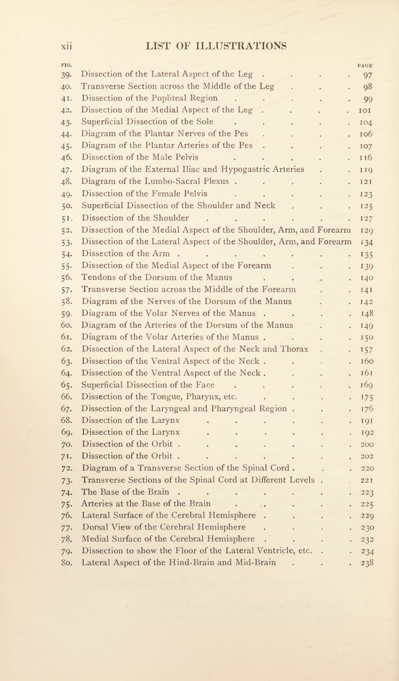 FIG. PAGE 39. Dissection of the Lateral Aspect of the Leg . . . -97 40. Transverse Section across the Middle of the Leg . . .98 41. Dissection of the Popliteal Region . . . . *99 42. Dissection of the Medial Aspect of the Leg .... loi 43. Superficial Dissection of the Sole ..... 104 44. Diagram of the Plantar Nerves of the Pes .... 106 45. Diagram of the Plantar Arteries of the Pes .... 107 46. Dissection of the Male Pelvis . . . . .116 47. Diagram of the External Iliac and Hypogastric Arteries . .119 48. Diagram of the Lumbo-Sacral Plexus . . . . .121 49. Dissection of the Female Pelvis . . . . .123 50. Superficial Dissection of the Shoulder and Neck , . .125 51. Dissection of the Shoulder ...... 127 52. Dissection of the Medial Aspect of the Shoulder, Arm, and Forearm 129 53. Dissection of the Lateral Aspect of the Shoulder, Arm, and Forearm 134 54. Dissection of the Arm . . . . . . -135 55. Dissection of the Medial Aspect of the Forearm . . -139 56. Tendons of the Dorsum of the Manus .... 140 57. Transverse Section across the Middle of the Forearm . . 141 58. Diagram of the Nerves of the Dorsum of the Manus . . 142 59. Diagram of the Volar Nerves of the Manus .... 148 60. Diagram of the Arteries of the Dorsum of the Manus . -149 61. Diagram of the Volar Arteries of the Manus . . . .150 62. Dissection of the Lateral Aspect of the Neck and Thorax . • U? 63. Dissection of the Ventral Aspect of the Neck . . . .160 64. Dissection of the Ventral Aspect of the Neck . . . .161 65. Superficial Dissection of the Face ..... 169 66. Dissection of the Tongue, Pharynx, etc. . . . -175 67. Dissection of the Laryngeal and Pharyngeal Region . . .176 68. Dissection of the Larynx ...... 191 69. Dissection of the Larynx . . . . . .192 70. Dissection of the Orbit ....... 200 71. Dissection of the Orbit ....... 202 72. Diagram of a Transverse Section of the Spinal Cord . . . 220 73. Transverse Sections of the Spinal Cord at Different Levels . .221 74. The Base of the Brain ....... 223 75. Arteries at the Base of the Brain . . . . 225 76. Lateral Surface of the Cerebral Hemisphere . . . .229 77. Dorsal View of the Cerebral Hemisphere .... 230 78. Medial Surface of the Cerebral Hemisphere .... 232 79. Dissection to show the Floor of the Lateral Ventricle, etc. . . 234 80. Lateral Aspect of the Hind-Brain and Mid-Brain . . . 238