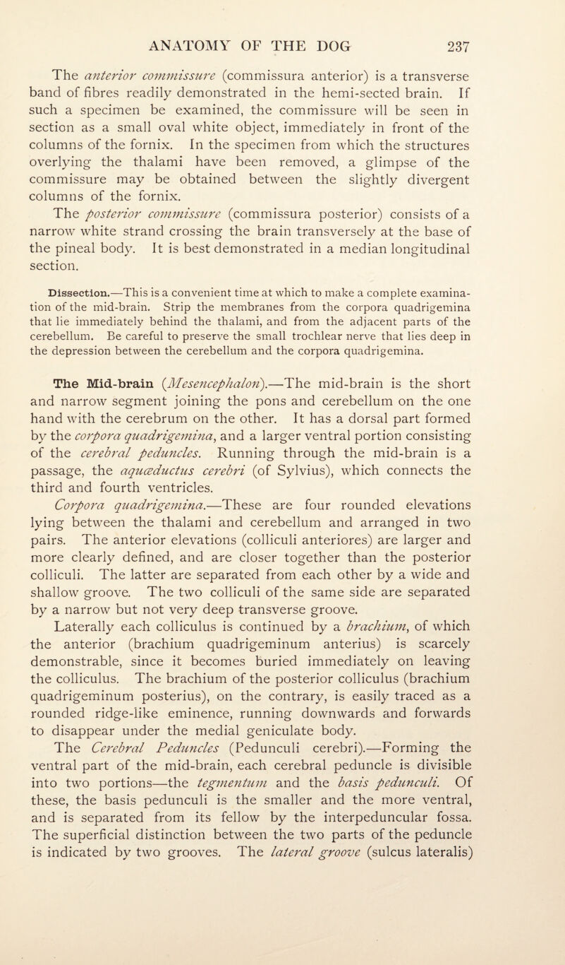 The anterior commisstire (commissura anterior) is a transverse band of fibres readily demonstrated in the hemi-sected brain. If such a specimen be examined, the commissure will be seen in section as a small oval white object, immediately in front of the columns of the fornix. In the specimen from which the structures overlying the thalami have been removed, a glimpse of the commissure may be obtained between the slightly divergent columns of the fornix. The posterior cojnmissure (commissura posterior) consists of a narrow white strand crossing the brain transversely at the base of the pineal body. It is best demonstrated in a median longitudinal section. Dissection.—This is a convenient time at which to make a complete examina¬ tion of the mid-brain. Strip the membranes from the corpora quadrigemina that lie immediately behind the thalami, and from the adjacent parts of the cerebellum. Be careful to preserve the small trochlear nerve that lies deep in the depression between the cerebellum and the corpora quadrigemina. The Mid-brain (^Mesencephalon).—The mid-brain is the short and narrow segment joining the pons and cerebellum on the one hand with the cerebrum on the other. It has a dorsal part formed by the corpora quadrigemina, and a larger ventral portion consisting of the cerebral peduncles. Running through the mid-brain is a passage, the aquceductus cerebri (of Sylvius), which connects the third and fourth ventricles. Corpora quadrigemina.—These are four rounded elevations lying between the thalami and cerebellum and arranged in two pairs. The anterior elevations (colliculi anteriores) are larger and more clearly defined, and are closer together than the posterior colliculi. The latter are separated from each other by a wide and shallow groove. The two colliculi of the same side are separated by a narrow but not very deep transverse groove. Laterally each colliculus is continued by a brachium, of which the anterior (brachium quadrigeminum anterius) is scarcely demonstrable, since it becomes buried immediately on leaving the colliculus. The brachium of the posterior colliculus (brachium quadrigeminum posterius), on the contrary, is easily traced as a rounded ridge-like eminence, running downwards and forwards to disappear under the medial geniculate body. The Cerebral Peduncles (Pedunculi cerebri).—Forming the ventral part of the mid-brain, each cerebral peduncle is divisible into two portions—the tegmentum and the basis pedunculi. Of these, the basis pedunculi is the smaller and the more ventral, and is separated from its fellow by the interpeduncular fossa. The superficial distinction between the two parts of the peduncle is indicated by two grooves. The lateral groove (sulcus lateralis)