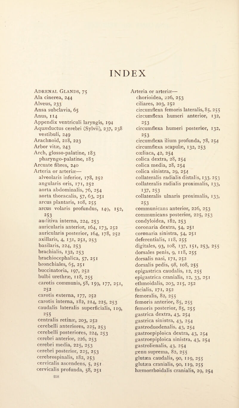 INDEX Adrenal Glands, 75 Ala cinerea, 244 Alveus, 233 Ansa subclavia, 65 Anus, 114 Appendix ventriculi laryngis, 194 Aquasductus cerebri CSylvii), 237, 238 vestibuli, 249 Arachnoid, 218, 223 Arbor vitae, 243 Arch, glosso-palatine, 183 pharyngo-palatine, 183 Arcuate fibres, 240 Arteria or arteriae— alveolaris inferior, 178, 252 angularis oris, 171, 252 aorta abdominalis, 76, 254 aorta thoracalis, 57, 63, 251 arcus plantaris, 108, 255 arcus volaris profundus, 149, 152, 253 auditiva interna, 224, 253 auricularis anterior, 164, 173, 252 auricularis posterior, 164, 178, 252 axillaris, 4, 131, 251, 253 basilaris, 224, 253 brachialis, 132, 253 brachiocephalica, 57, 251 bronchiales, 65, 251 buccinatoria, 197, 252 bulbi urethrae, 118, 255 carotis communis, 58, 159, 177, 251, 252 carotis externa, 177, 252 carotis interna, 182, 214, 225, 253 caudalis lateralis superficialis, 119, 255 centralis retinae, 203, 252 cerebelli anteriores, 225, 253 cerebelli posteriores, 224, 253 cerebri anterior, 226, 253 cerebri media, 225, 253 cerebri posterior, 225, 253 cerebrospinalis, 182, 253 cervicalis ascendens, 5, 251 cervicalis profunda, 58, 251 258 Arteria or arteriae— chorioidea, 226, 253 ciliares, 203, 252 circumflexa femoris lateralis, 85, 255 circumflexa humeri anterior, 132, 253 circumflexa humeri posterior, 132, 253 circumflexa ilium profunda, 78, 254 circumflexa scapulae, 132, 253 coeliaca, 42, 254 colica dextra, 28, 254 colica media, 28, 254 colica sinistra, 29, 254 collateralis radialis distalis, 133. 253 collateralis radialis proximalis, 133, 137, 253 collateralis ulnaris proximalis, 133, 253 communicans anterior, 226, 253 communicans posterior, 225, 253 condyloidea, 182, 253 coronaria dextra, 54, 251 coronaria sinistra, 54, 251 deferentialis, 118, 255 digitales, 93, 108, 137, 151, 253, 255 dorsales penis, 9, 118, 255 dorsalis nasi, 171, 252 dorsalis pedis, 98, 108, 255 epigastrica caudalis, 12, 255 epigastrica cranialis, 12, 33, 251 ethmoidalis, 203, 215, 252 facialis, 171, 252 femoralis, 82, 255 femoris anterior, 85, 255 femoris posterior, 85, 255 gastrica dextra, 43, 254 gastrica sinistra, 43, 254 gastroduodenalis, 43, 254 gastroepiploica dextra, 43, 254 gastroepiploica sinistra, 43, 254 gastrolienalis, 43, 254 genu suprema, 82, 255 glutaea caudalis, 90, 119, 255 glutaea cranialis, 90, 119, 255 hsemorrhoidalis cranialis, 29, 254