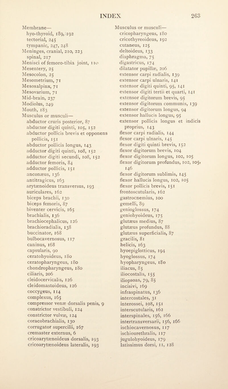 Membrane— hyo-thyroid, 189,1192 tectorial, 245 tympanic, 247, 248 Meninges, cranial, 210, 223 spinal, 217 Menisci of femoro-tibia joint, 110 Mesentery, 25 Mesocolon, 25 Mesometrium, 71 Mesosalpinx, 71 Mesovarium, 71 Mid-brain, 237 Modiolus, 249 Mouth, 183 Musculus or musculi— abductor cruris posterior, 87 abductor digiti quinti, 105, 152 abductor pollicis brevis et opponens pollicis, 151 abductor pollicis longus, 143 adductor digiti quinti, 108, 152 adductor digiti secundi, 108, 152 adductor femoris, 84 adductor pollicis, 151 anconmus, 136 antitragicus, 163 arytasnoideus transversus, 193 auriculares, 162 biceps brachii, 130 biceps femoris, 87 biventer cervicis, 165 brachialis, 136 brachiocephalicus, 126 brachioradialis, 138 buccinator, 168 bulbocavernosus, 117 caninus, 168 capsularis, 90 ceratohyoideus, 180 ceratopharyngeus, 180 chondropharyngeus, 180 ciliaris, 206 cleidocervicalis, 126 cleidomastoideus, 126 coccygeus, 114 complexus, 165 compressor vense dorsalis penis, 9 constrictor vestibuli, 124 constrictor vulvae, 124 coracobrachialis, 130 corrugator supercilii, 167 cremaster externus, 6 cricoarytasnoideus dorsalis, 193 cricoarytasnoideus lateralis, 193 Musculus or musculi— cricopharyngeus, 180 cricothyreoideus, 192 cutaneus, 125 deltoideus, 133 diaphragma, 75 digastricus, 174 dilatator pupillae, 206 extensor carpi radialis, 139 extensor carpi ulnaris, 141 extensor digiti quinti, 95, 141 extensor digiti tertii et quarti, 141 extensor digitorum brevis, 95 extensor digitorum communis, 139 extensor digitorum longus, 94 extensor hallucis longus, 95 extensor pollicis longus et indicis proprius, 143 flexor carpi radialis, 144 flexor carpi ulnaris, 145 flexor digiti quinti brevis, 152 flexor digitorum brevis, 104 flexor digitorum longus, 102, 105 flexor digitorum profundus, 102, 105) 146 flexor digitorum sublimis, 145 flexor hallucis longus, 102, 105 flexor pollicis brevis, 151 frontoscutularis, 162 gastrocnemius, 100 gemelli, 89 genioglossus, 174 geniohyoideus, 175 glutaeus medius, 87 glutasus profundus, 88 glutmus superficialis, 87 gracilis, 81 helicis, 163 hyoepiglotticus, 194 hyoglossus, 174 hyopharyngeus, i8o iliacus, 85 iliocostalis, 155 iliopsoas, 79, 85 incisivi, 169 infraspinatus, 136 intercostales, 31 interossei, 108, 151 interscutularis, 162 interspinales, 156, 166 intertransversarii, 156, 166 ischiocavernosus, 117 ischiourethralis, 117 jugulohyoideus, 179 latissimus dorsi, ii, 128