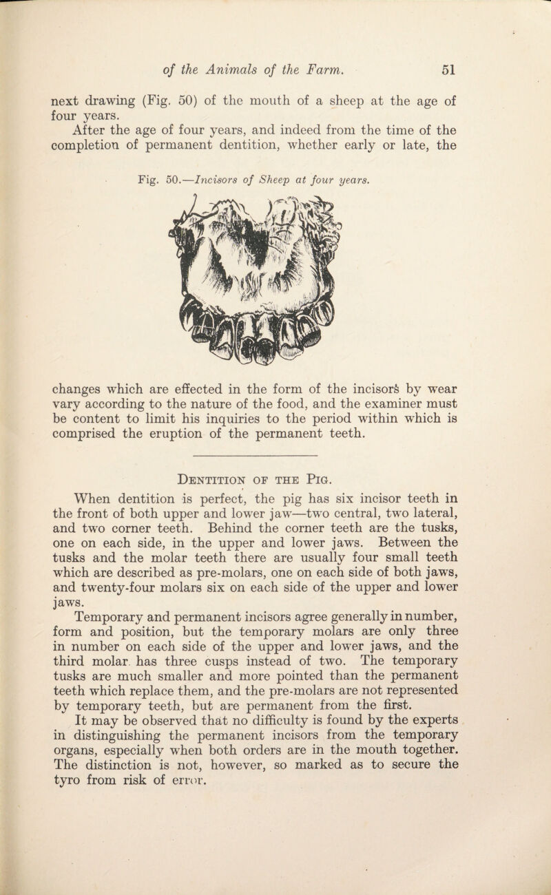 next drawing (Fig. 50) of the mouth of a sheep at the age of four years. After the age of four years, and indeed from the time of the completion of permanent dentition, whether early or late, the Fig. 50.—Incisors of Sheep at four years. changes which are effected in the form of the incisor^ by wear vary according to the nature of the food, and the examiner must be content to limit his inquiries to the period within which is comprised the eruption of the permanent teeth. Dentition of the Pig. When dentition is perfect, the pig has six incisor teeth in the front of both upper and lower jaw—two central, two lateral, and two corner teeth. Behind the corner teeth are the tusks, one on each side, in the upper and lower jaws. Between the tusks and the molar teeth there are usually four small teeth which are described as pre-molars, one on each side of both jaws, and twenty-four molars six on each side of the upper and lower jaws. Temporary and permanent incisors agree generally in number, form and position, but the temporary molars are only three in number on each side of the upper and lower jaws, and the third molar, has three cusps instead of two. The temporary tusks are much smaller and more pointed than the permanent teeth which replace them, and the pre-molars are not represented by temporary teeth, but are permanent from the first. It may be observed that no difficulty is found by the experts in distinguishing the permanent incisors from the temporary organs, especially when both orders are in the mouth together. The distinction is not, however, so marked as to secure the tyro from risk of errcu*.