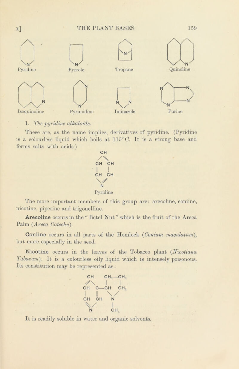 y\ . ■ \N/ Pyridine Pyrrole /VS /\ N/ Isoquinoline Pyrimidine Kn/i Tropane N N \/ Iminazole \/NA Quinoline N N -N 'N Purine 1. The pyridine alkaloids. These are, as the name implies, derivatives of pyridine. (Pyridine is a colourless liquid which boils at 115° C. It is a strong base and forms salts with acids.) CH /\ CH CH * II I CH CH \S N Pyridine The more important members of this group are: arecoline, coniine, nicotine, piperine and trigonelline. Arecoline occurs in the “ Betel Nut ” which is the fruit of the Areca Palm (Areca Catechu). Coniine occurs in all parts of the Hemlock (Conium macidatum), but more especially in the seed. Nicotine occurs in the leaves of the Tobacco plant (Nicotiana Tabacuni). It is a colourless oily liquid which is intensely poisonous. Its constitution may be represented as: CH CH.,—CH., 1 1 CH C— -CH CH 1 II \/ CH CH N \/ 1 N CH:, It is readily soluble in water and organic solvents.