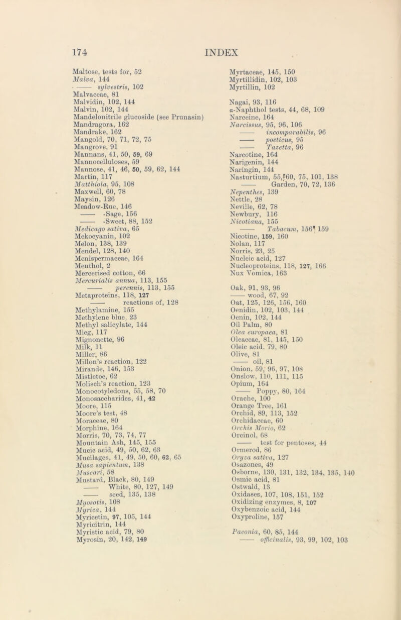 Maltose, tests for, 52 Malva, 144 • sylvestris, 102 Malvaceae, 81 Malvidin, 102, 144 Malvin, 102, 144 Mandelonitrile glucoside (see Prunasin) Mandragora, 162 Mandrake, 162 Mangold, 70, 71, 72, 75 Mangrove, 91 Mannans, 41, 50, 69, 69 Mannocelluloses, 59 Mannose, 41, 46, 60, 59, 62, 144 Martin, 117 Matthiola, 95, 108 Maxwell, 60, 78 Maysin, 126 Meadow-Rue, 146 -Sage, 156 -Sweet, 88, 152 Medicago saliva, 65 Mekocyanin, 102 Melon, 138, 139 Mendel, 128, 140 Menispermaceae, 164 Menthol, 2 Mercerised cotton, 66 Mercurialis annua, 113, 155 perennis, 113, 155 Metaproteins, 118, 127 reactions of, 128 Methylamine, 155 Methylene blue, 23 Methyl salicylate, 144 Mieg, 117 Mignonette, 96 Milk, 11 Miller, 86 Millon’s reaction, 122 Mirande, 146, 153 Mistletoe, 62 Molisch’s l’eaction, 123 Monocotyledons, 55, 58, 70 Monosaccharides, 41, 42 Moore, 115 Moore’s test, 48 Moraceae, 80 Morphine, 164 Morris, 70, 73, 74, 77 Mountain Ash, 145, 155 Mucic acid, 49, 50, 62, 63 Mucilages, 41, 49, 50, 60, 62. 65 Musa sapientum, 138 Muscari, 58 Mustard, Black, 80, 149 White, 80, 127, 149 seed, 135, 138 Myosotis, 108 Myrica, 144 Myricetin, 97, 105, 144 Myricitrin, 144 Myristic acid, 79, 80 Myrosin, 20, 142, 149 Myrtaceae, 145, 150 Myrtillidin, 102, 103 Myrtillin, 102 Nagai, 93, 116 a-Naphtlxol tests, 44, 68, 109 Narceine, 164 Narcissus, 95, 96, 106 incomparabilis, 96 poeticus, 95 Tazetta, 96 Narcotine, 164 Narigenin, 144 Naringin, 144 Nasturtium, 55,f60, 75, 101, 138 Garden, 70, 72, 136 Nepenthes, 139 Nettle, 28 Neville, 62, 78 Newbury, 116 Nicotiana, 155 Tabacum, 156^ 159 Nicotine, 169, 160 Nolan, 117 Norris, 23, 25 Nucleic acid, 127 Nucleoproteins, 118, 127, 166 Nux Vomica, 163 Oak, 91, 93, 96 wood, 67, 92 Oat, 125, 126, 156, 160 Oenidin, 102, 103, 144 Oenin, 102, 144 Oil Palm, 80 Olea europaea, 81 Oleaceae, 81, 145, 150 Oleic acid, 79, 80 Olive, 81 oil, 81 Onion, 59, 96, 97, 108 Onslow, 110, 111, 115 Opium, 164 Poppy, 80, 164 Orache, 100 Orange Tree, 161 Orchid, 89, 113, 152 Oi'cliidaceae, 60 Orchis Mario, 62 Orcinol, 68 test for pentoses, 44 Ormerod, 86 Oryza sativa, 127 Osazones, 49 Osborne, 130, 131, 132, 134, 135, 140 Osmic acid, 81 Ostwald, 13 Oxidases, 107, 108, 151, 152 Oxidizing enzymes, 8, 107 Oxybenzoic acid, 144 Oxyproline, 157 Paeonia, 60, 85, 144 officinalis, 93, 99, 102, 103