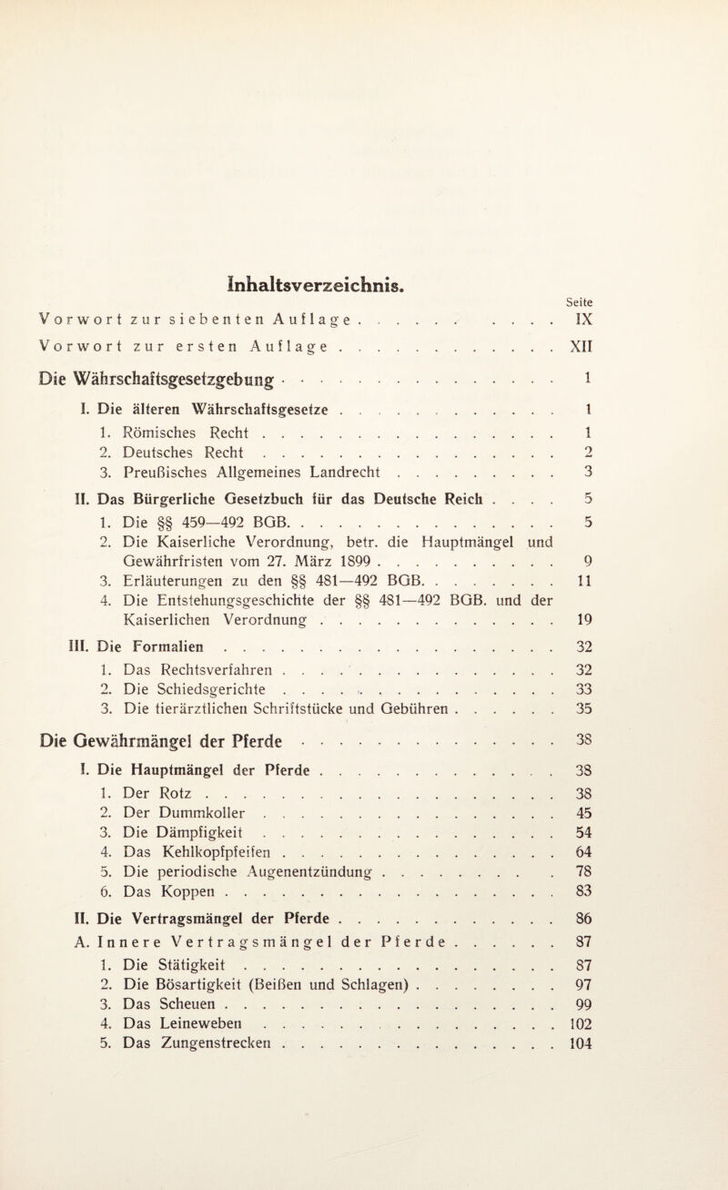 Seite Vorwort zur siebenten Auflage. . . . . IX Vorwort zur ersten Auflage.XII Die Währsdiaftsgesetzgebimg. 1 I. Die älteren Währschaftsgesetze . 1 1. Römisches Recht. 1 2. Deutsches Recht. 2 3. Preußisches Allgemeines Landrecht. 3 II. Das Bürgerliche Gesetzbuch für das Deutsche Reich .... 5 1. Die §§ 459—492 BGB. 5 2. Die Kaiserliche Verordnung, betr. die Hauptmängel und Gewährfristen vom 27. März 1899 .. 9 3. Erläuterungen zu den §§ 481—492 BGB. 11 4. Die Entstehungsgeschichte der §§ 481—492 BGB. und der Kaiserlichen Verordnung. 19 III. Die Formalien.32 1. Das Rechtsverfahren ..32 2. Die Schiedsgerichte . . . 33 3. Die tierärztlichen Schriftstücke und Gebühren.35 Die Gewährmängel der Pferde.38 I. Die Hauptmängel der Pferde.38 1. Der Rotz.38 2. Der Dummkoller.45 3. Die Dämpfigkeit.54 4. Das Kehlkopfpfeifen.64 5. Die periodische Augenentzündung.78 6. Das Koppen.83 II. Die Vertragsmängel der Pferde.86 A. Innere Vertragsmängel der Pferde.87 1. Die Stätigkeit.87 2. Die Bösartigkeit (Beißen und Schlagen).97 3. Das Scheuen.99 4. Das Leineweben.102