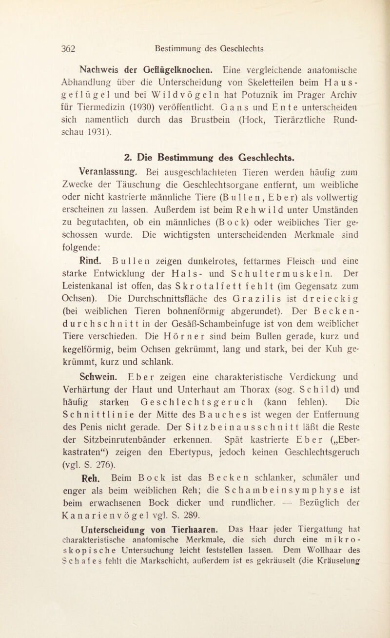 Nachweis der Gefliigelknochen. Eine vergleichende anatomische Abhandlung über die Unterscheidung von Skeletteilen beim Haus* g e f 1 ü g e 1 und bei W i 1 d v ö g e 1 n hat Potuznik im Prager Archiv für Tiermedizin (1930) veröffentlicht. Gans und Ente unterscheiden sich namentlich durch das Brustbein (Hock, Tierärztliche Rund¬ schau 1931). 2, Die Bestimmung des Geschlechts. Veranlassung. Bei ausgeschlachteten Tieren werden häufig zum Zwecke der Täuschung die Geschlechtsorgane entfernt, um weibliche oder nicht kastrierte männliche Tiere (Bullen, Eber) als vollwertig erscheinen zu lassen. Außerdem ist beim Rehwild unter Umständen zu begutachten, ob ein männliches (Bock) oder weibliches Tier ge¬ schossen wurde. Die wichtigsten unterscheidenden Merkmale sind folgende: Rind. Bullen zeigen dunkelrotes, fettarmes Fleisch und eine starke Entwicklung der Hals- und Schultermuskeln. Der Leistenkanal ist offen, das Skrotalfett fehlt (im Gegensatz zum Ochsen). Die Durchschnittsfläche des Grazilis ist dreieckig (bei weiblichen Tieren bohnenförmig abgerundet). Der Becken¬ durchschnitt in der Gesäß-Schambeinfuge ist von dem weiblicher Tiere verschieden. Die Hörner sind beim Bullen gerade, kurz und kegelförmig, beim Ochsen gekrümmt, lang und stark, bei der Kuh ge¬ krümmt, kurz und schlank. Schwein. Eber zeigen eine charakteristische Verdickung und Verhärtung der Haut und Unterhaut am Thorax (sog. Schild) und häufig starken Geschlechtsgeruch (kann fehlen). Die Schnittlinie der Mitte des Bauches ist wegen der Entfernung des Penis nicht gerade. Der Sitzbeinausschnitt läßt die Reste der Sitzbeinrutenbänder erkennen. Spät kastrierte Eber („Eber- kastraten“) zeigen den Ebertypus, jedoch keinen Geschlechtsgeruch (vgl. iS. 276). Reh. Beim Bock ist das Becken schlanker, schmäler und enger als beim weiblichen Reh; die Schambeinsymphyse ist beim erwachsenen Bock dicker und rundlicher. — Bezüglich der Kanarienvögel vgl. S. 289. Unterscheidung von Tierhaaren. Das Haar jeder Tiergattung hat charakteristische anatomische Merkmale, die sich durch eine mikro¬ skopische Untersuchung leicht feststellen lassen. Dem Wollhaar des Schafes fehlt die Markschicht, außerdem ist es gekräuselt (die Kräuselung