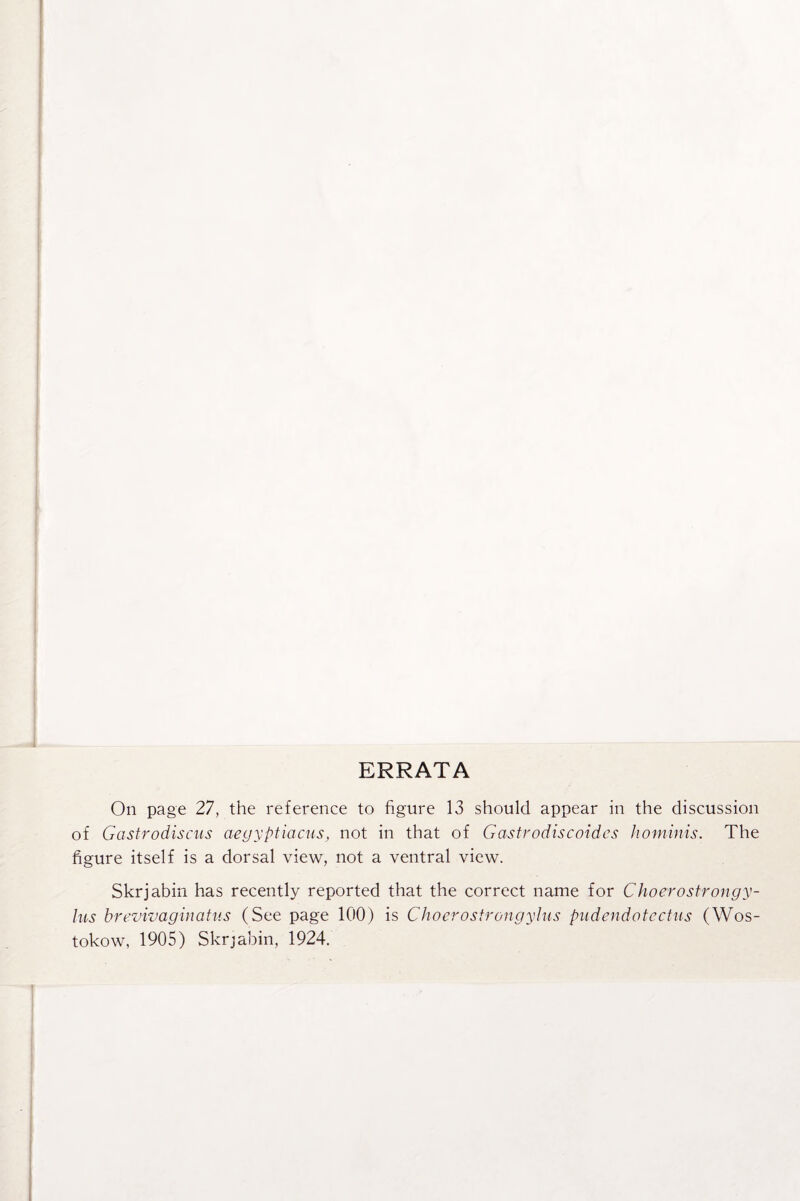 ERRATA On page 27, the reference to figure 13 should appear in the discussion of Gastrodiscus aegyptiacus, not in that of Gastrodiscoides hominis. The figure itself is a dorsal view, not a ventral view. Skrjabin has recently reported that the correct name for Choerostrongy- lus brevivaginatus (See page 100) is Choerostrongylus pudendotectus (Wos- tokow, 1905) Skrjabin, 1924.